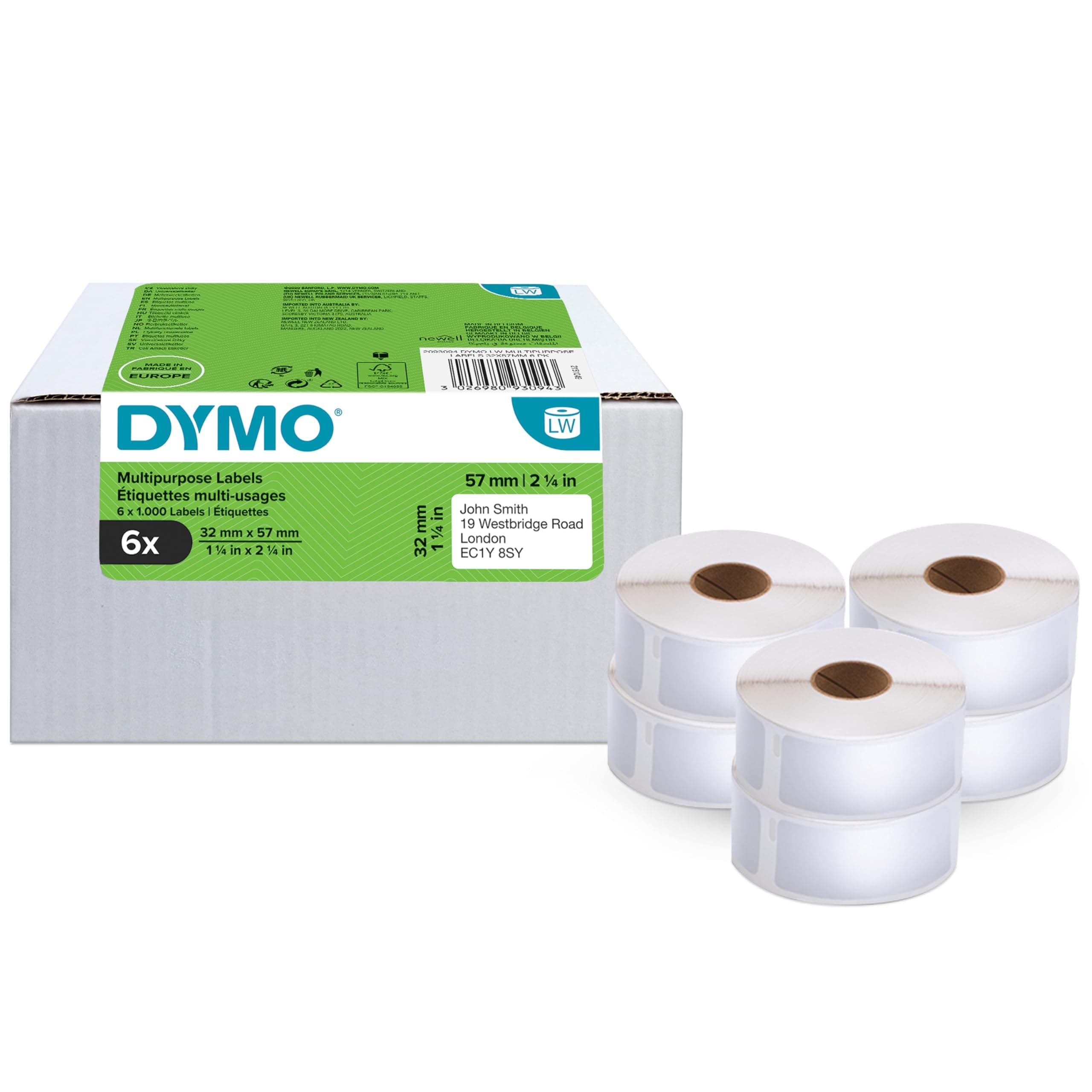 DYMO Authentic LabelWriter Multi-Purpose Labels, 32mm x 57mm, 6 Rolls of 1,000 Easy-Peel Labels (6,000 Count), Self-Adhesive, for LabelWriter Label Makers