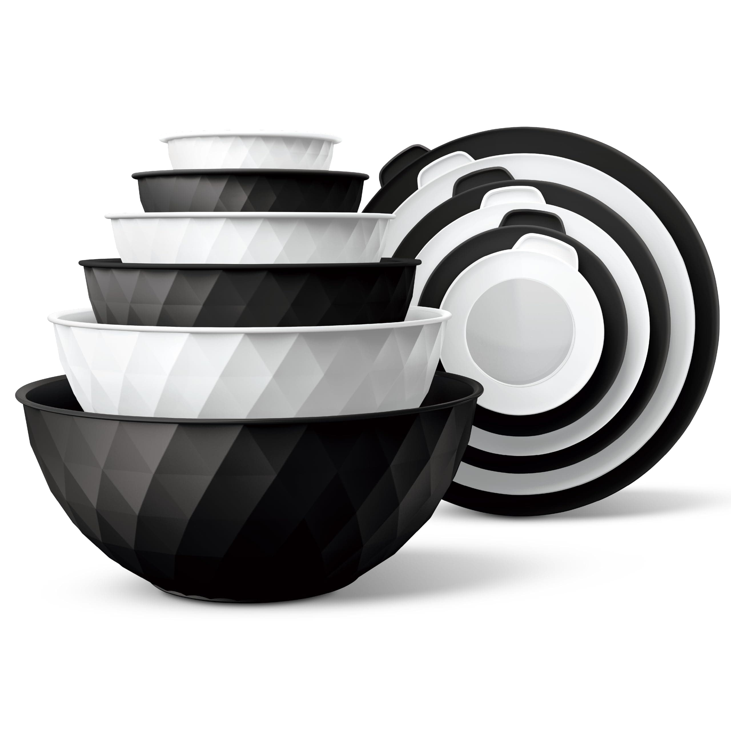Mixing Bowls with Lids - 12 Piece Plastic Nesting Bowls Set includes 6 Prep Bowls and 6 Lids, Microwave Safe Mixing Bowl Set, Black and White Diamond