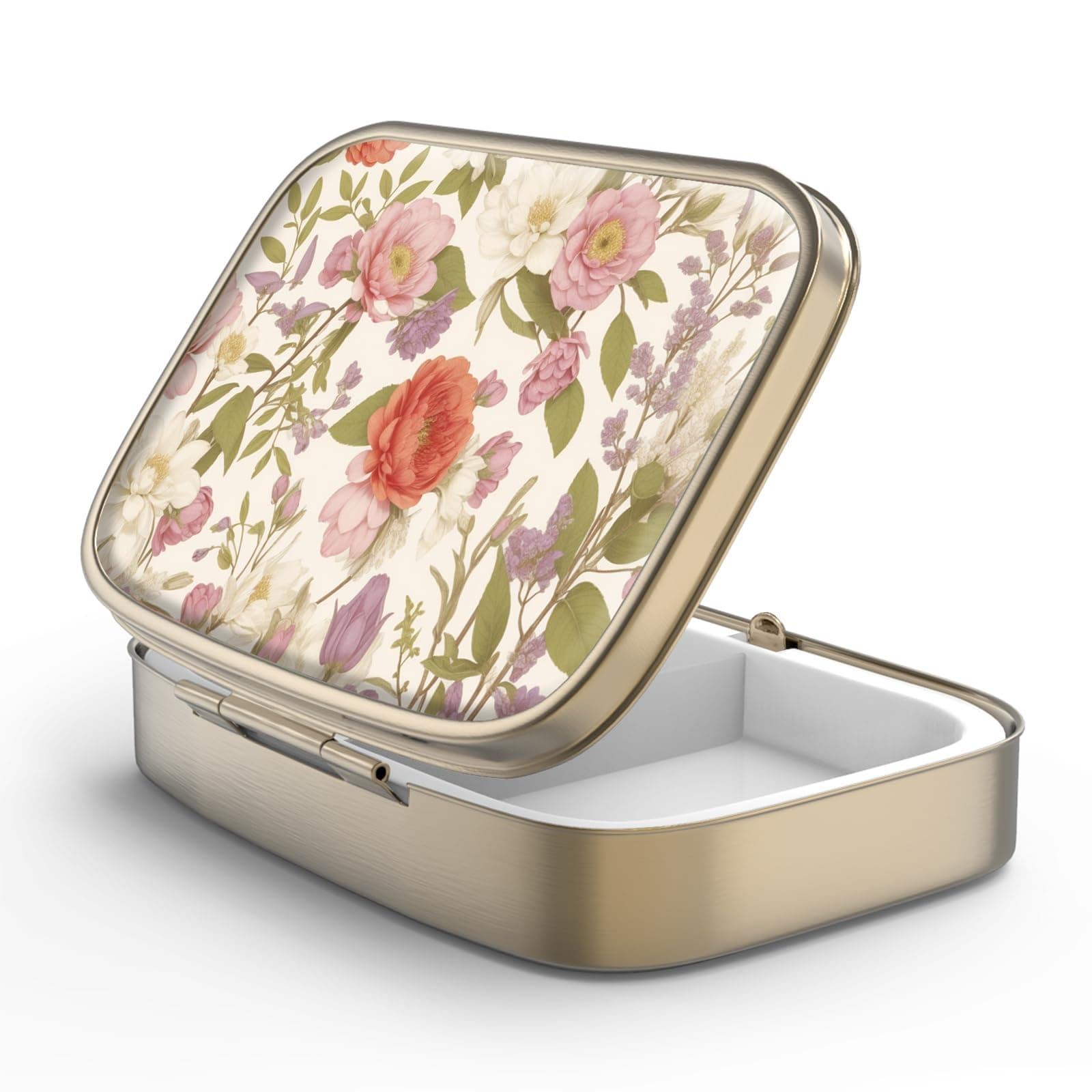 Pill Case Pill Box with Mirror Retro 2 Compartment Small Pill Case for Purse or Pocket Bronze Rectangular Pill Box or Vitamins, Fish Oil, Supplements, Pill Containe Travel Gifts(Retro Red Flowers)