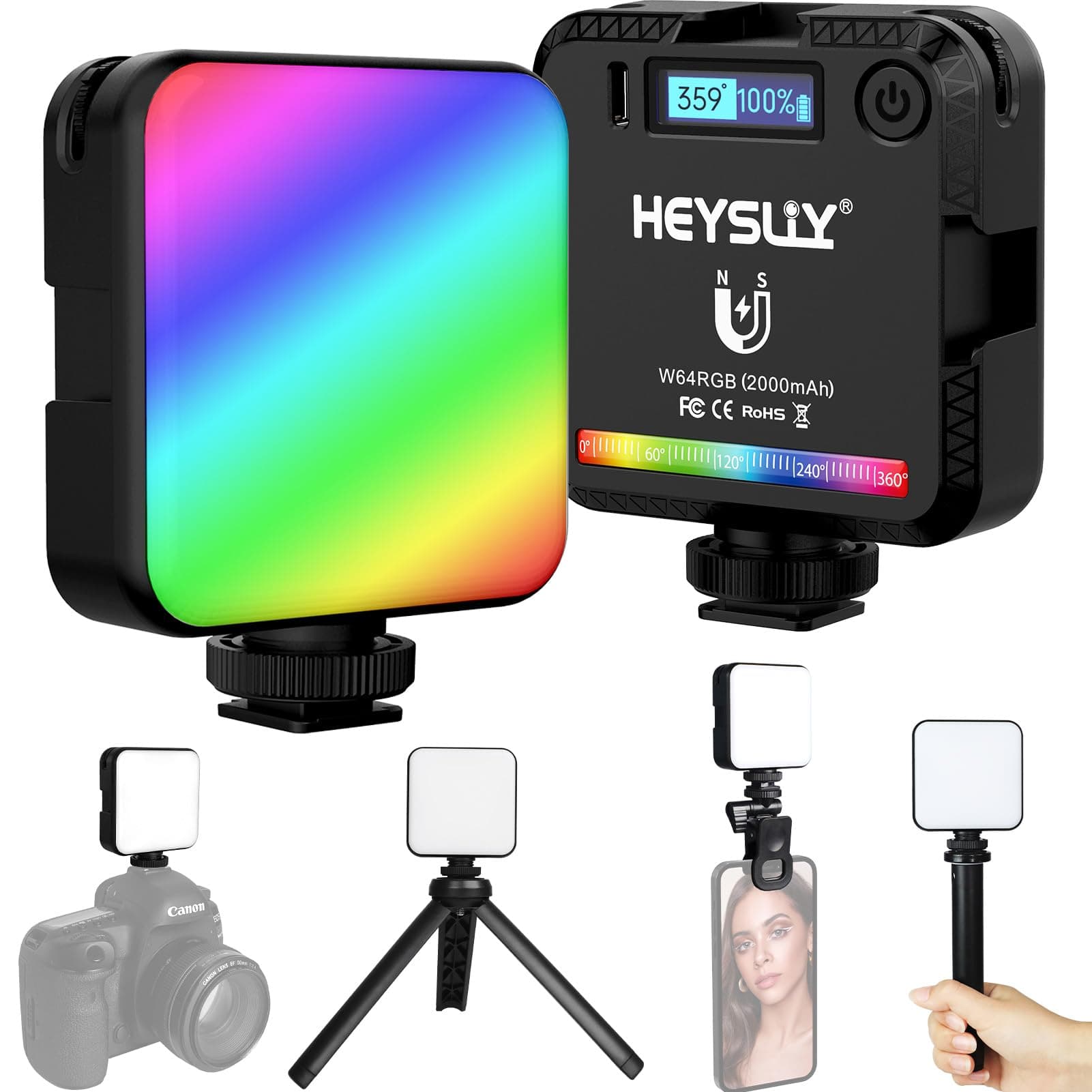RGB Video Light, Camera Light 360° Full-Color with Mini Tripod & Clip, 2500K-9000K Dimmable/20 Scene Modes/2000mAh Rechargeable, Portable Small LED Light Panel for Photography, Video, Selfie