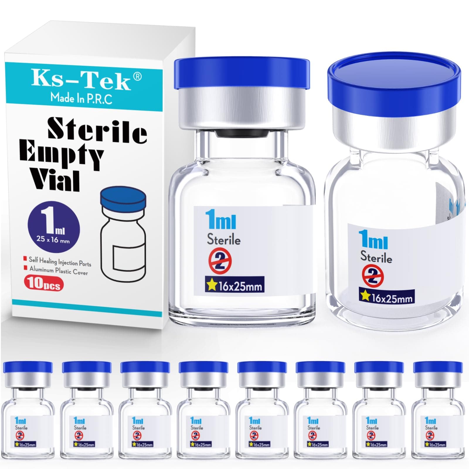Ks-Tek Sterilized Empty Vial with Self-Healing Infusion Port with Aluminum Plastic Cap Sterile Package (1ml, Clear, 10)