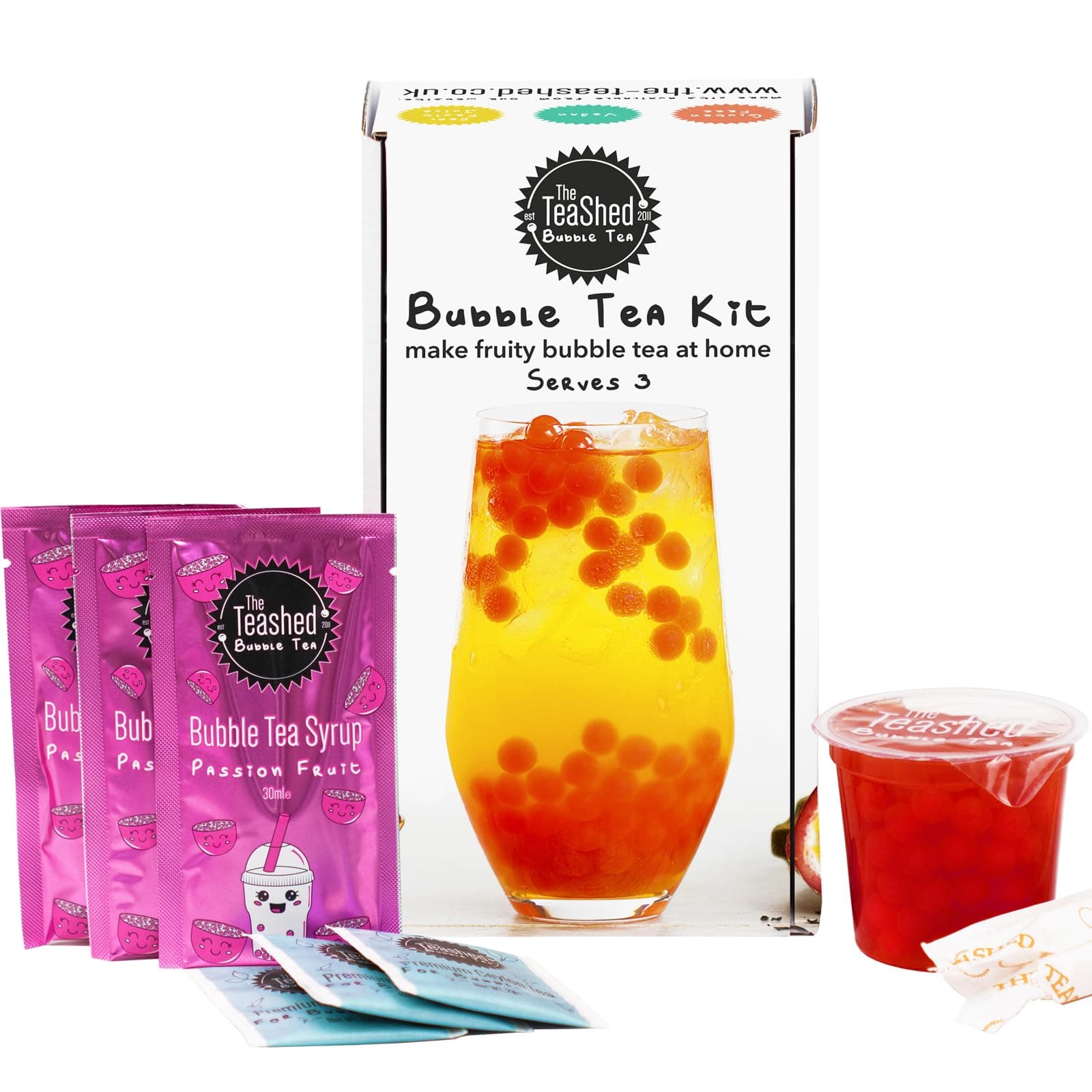 Fruit Bubble Tea Kit Gift Box | 3 Servings | Set includes Passion Fruit Syrup, Strawberry Popping Boba, Tea Bags and Paper Straws | By THE TEASHED