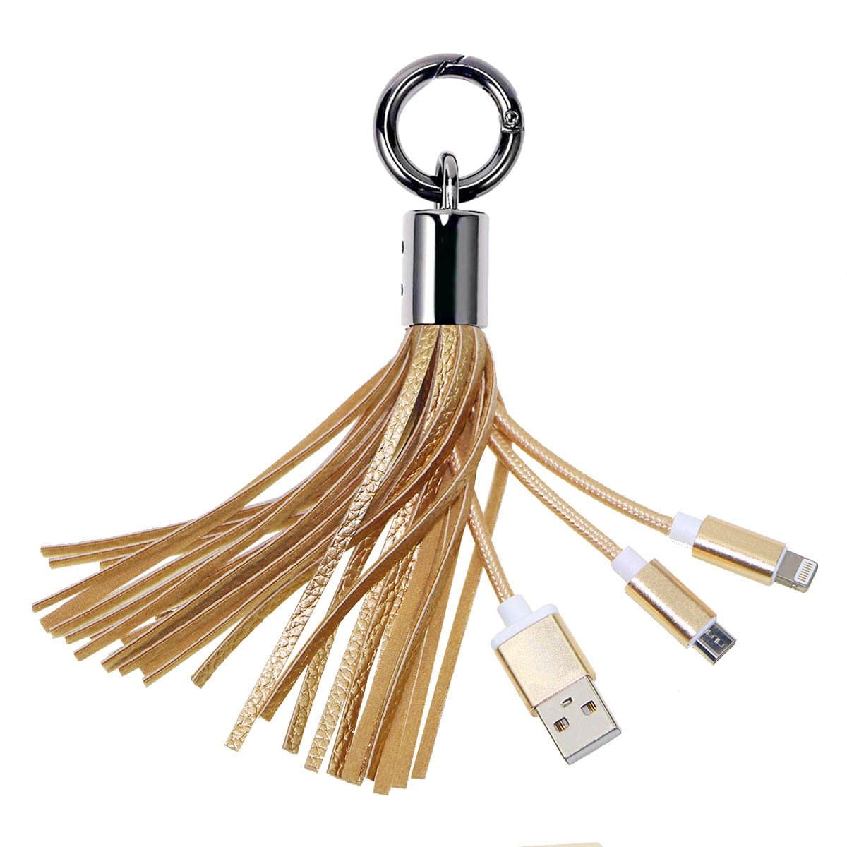 USB Leather Tassel Key Chain Charger Cable with Lightning Cable & Portable Short Chargering Micro USB Cable, Lighting Charge Sync Cable for iPhone and Micro USB cable for Android Devices(Gold)