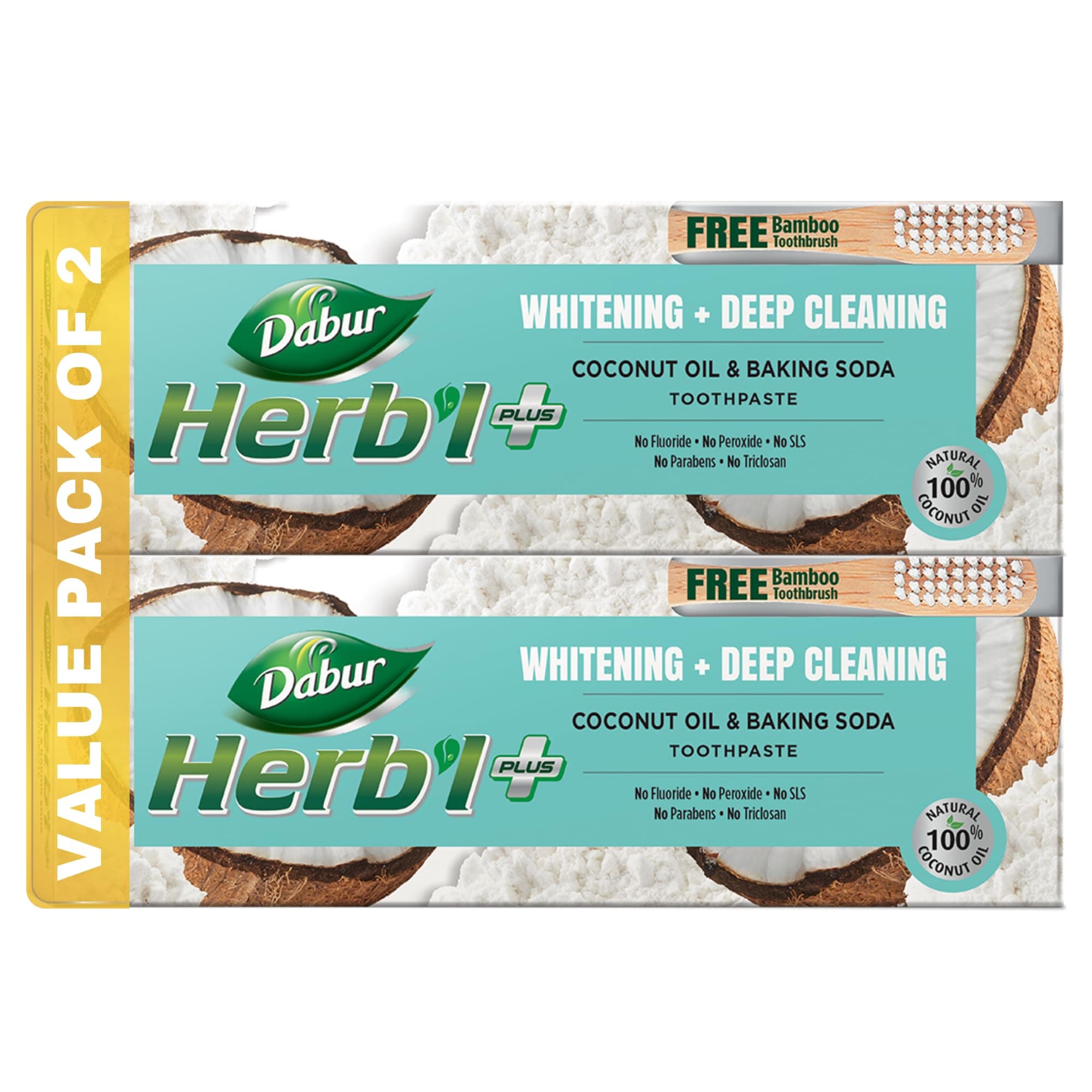 Herbal Plus Coconut Oil & Baking Soda Toothpaste (2 x 150g + Bamboo Toothbrush) | Whitening and Deep Cleaning | Free from Fluroide, SLS, Triclosan & Parabens | Value Pack