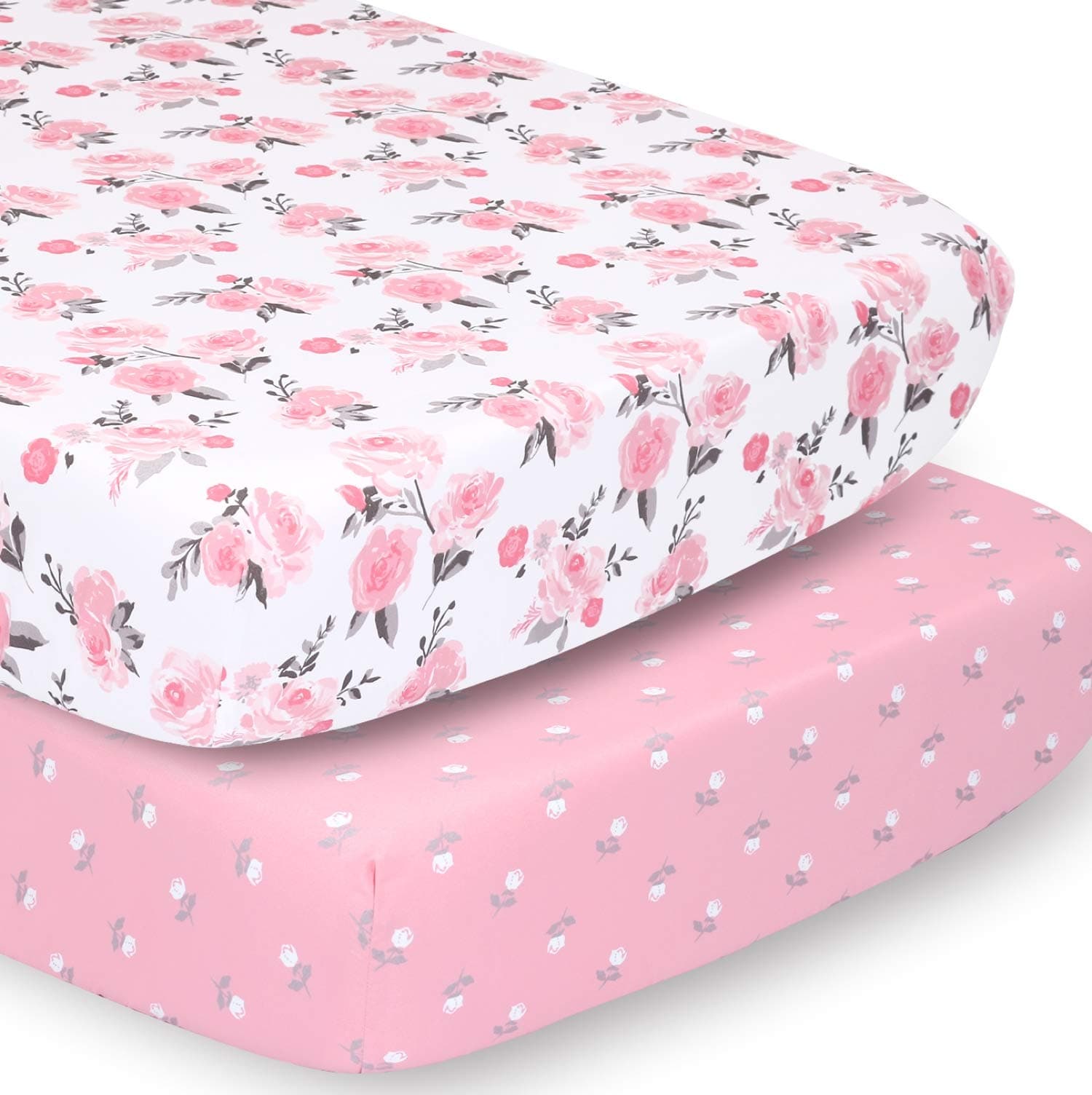 The Peanutshell 2-Pack Fitted Crib Sheet Set - Super Soft & Breathable Baby Girl Crib Sheets, Nursery Decor, Fit for Standard Crib Mattress Sheet - Pink Roses