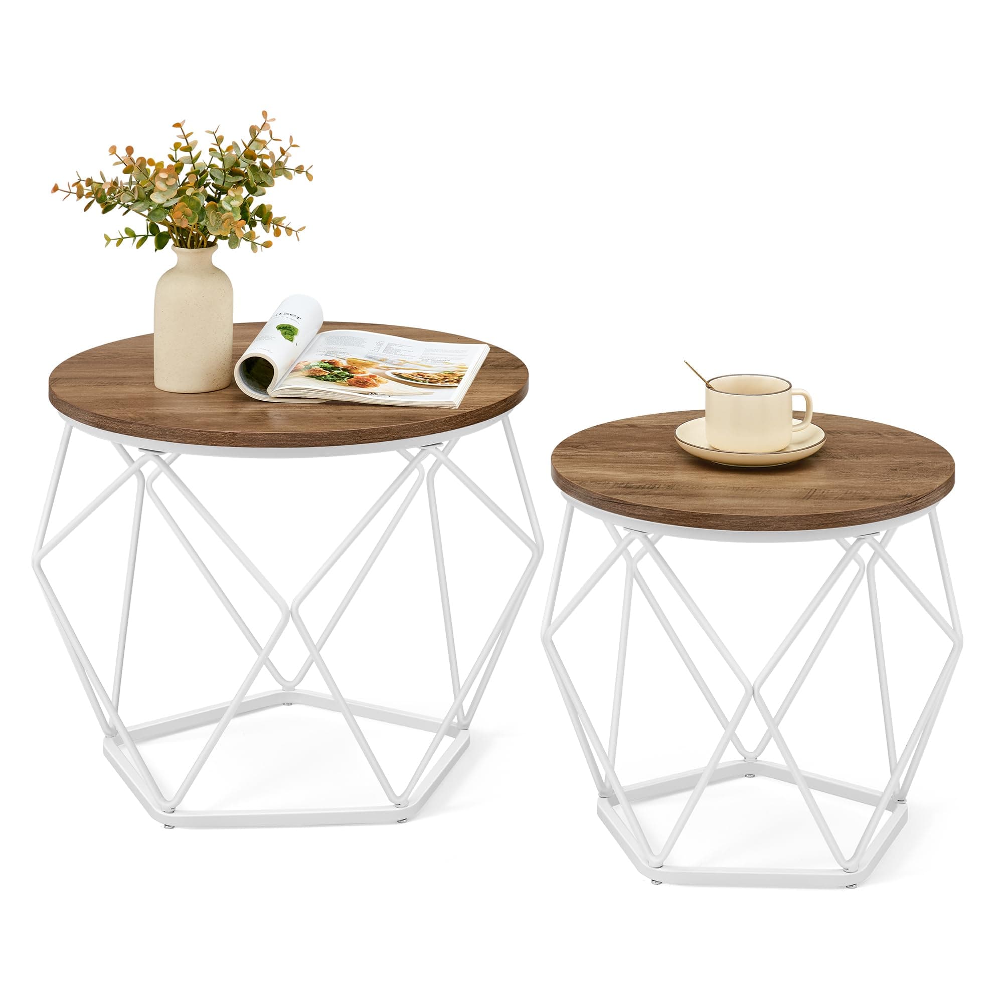 VASAGLE Round Coffee Table, Set of 2, Side Table, Sofa End, Modern Style, Removable Top, Steel Frame, for Living Room, Honey Brown and Cloud White LET040K41