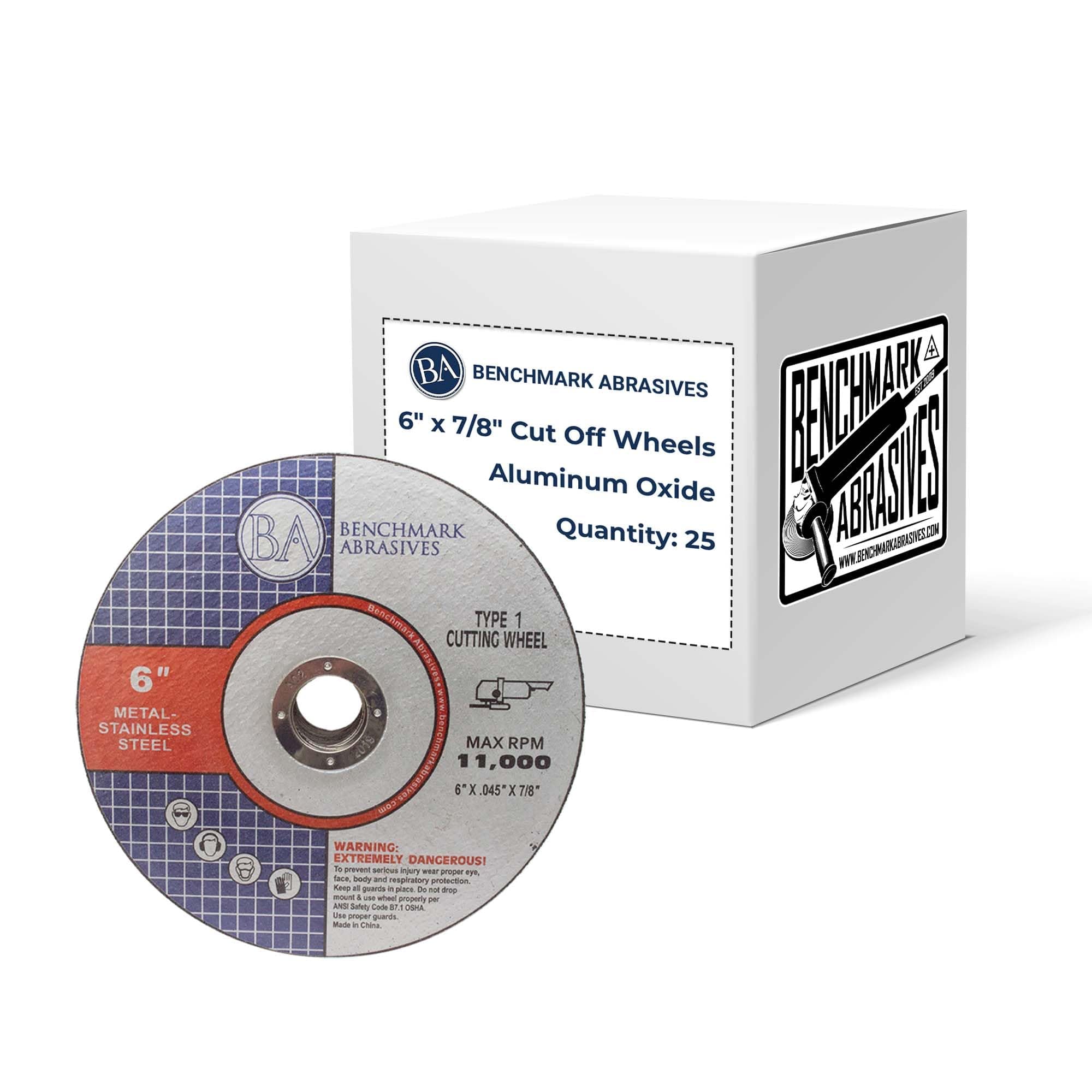 Benchmark Abrasives 6 Inch Aluminum Oxide Thin Type 1 Grinder Cut Off Wheels for Metal and Stainless Steel .045" Thick 7/8" Arbor, Angle Grinder Cutting Disc, Grinding Cutting Wheel - 25 Count