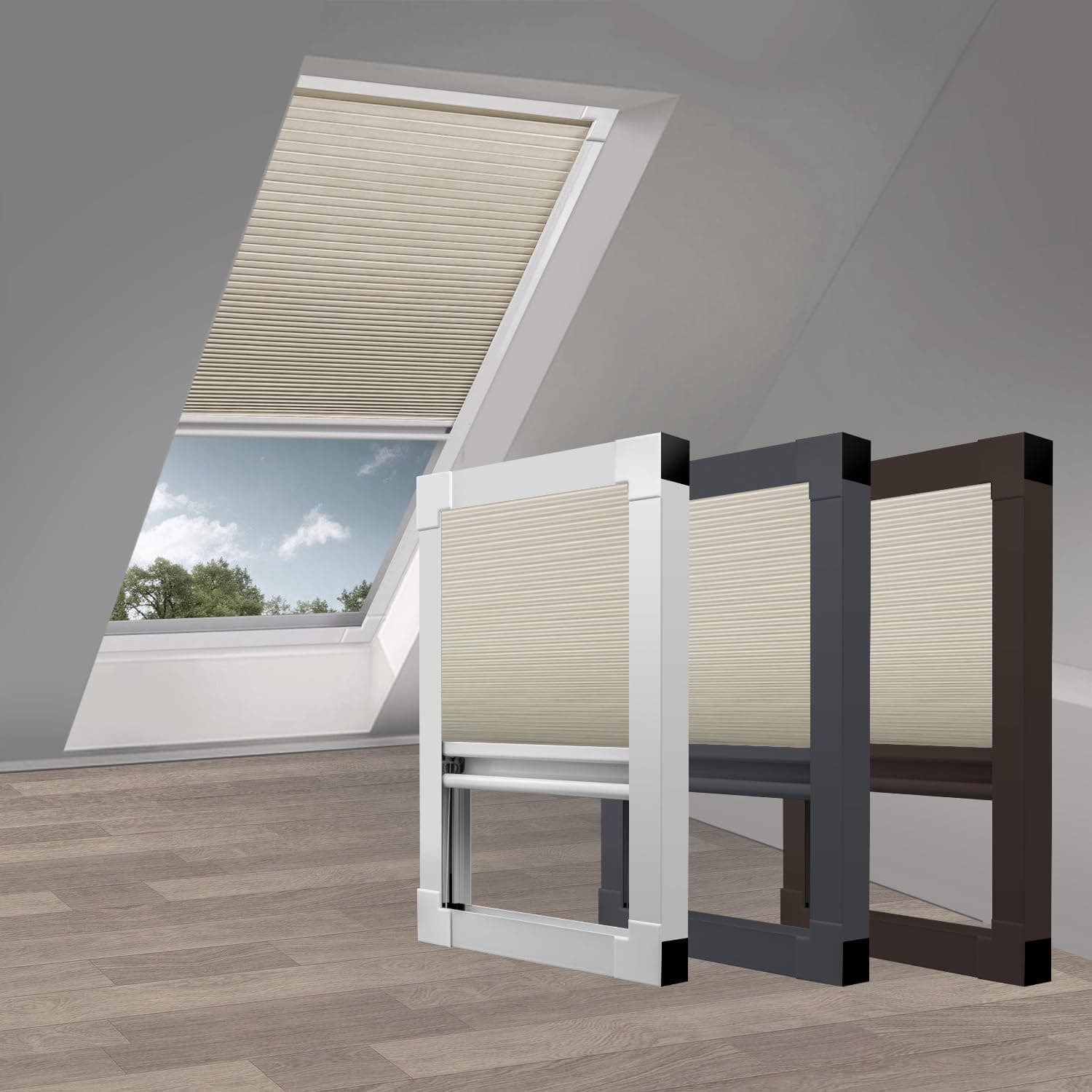 Skylight Blackout Cellular Shades Blinds Cordless Room Darkening Honeycomb Shade Blind for Roof Inclined Plane Rooms Window, Custom Size, Beige