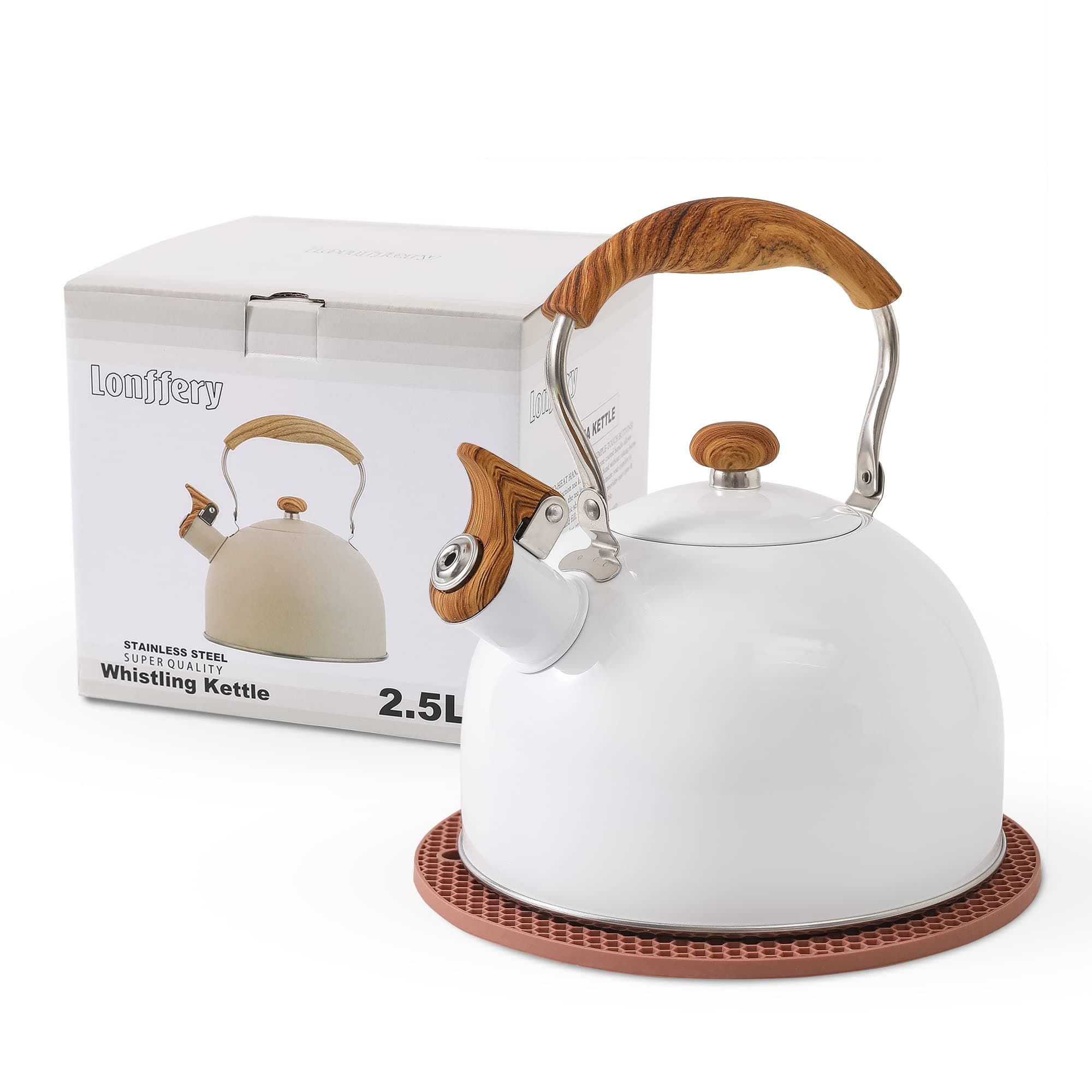 LONFFERY Tea Kettle, 2.5 Quart Whistling Tea Kettle, Tea Pots for Stove Top Food Grade Stainless Steel with Wood Pattern Folding Handle - White