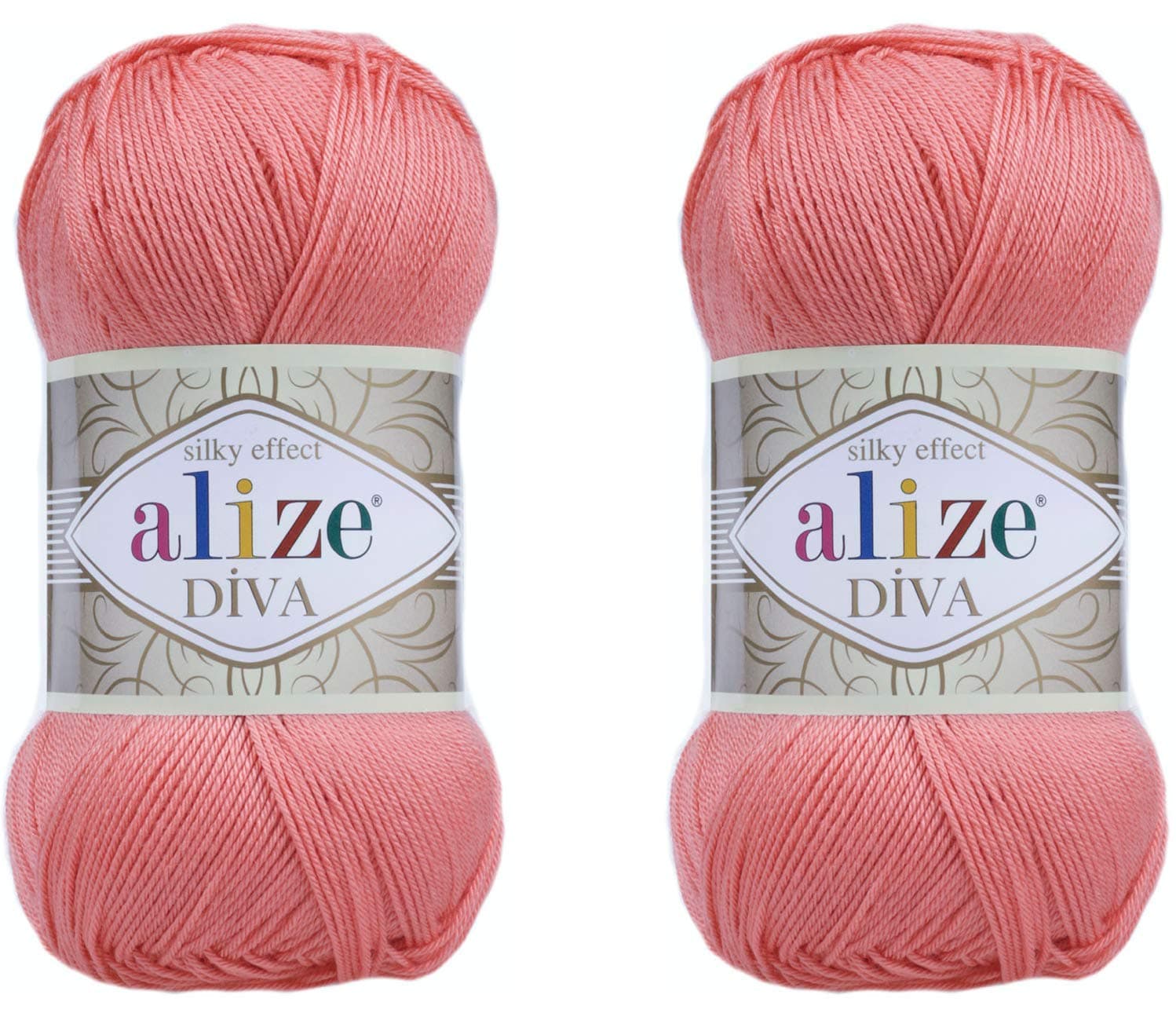 Diva Yarn - 100% Microfiber Acrylic, Silk Effect, Crochet & Lace Craft, Coral, 2 Skeins, 200gr, 767 yds