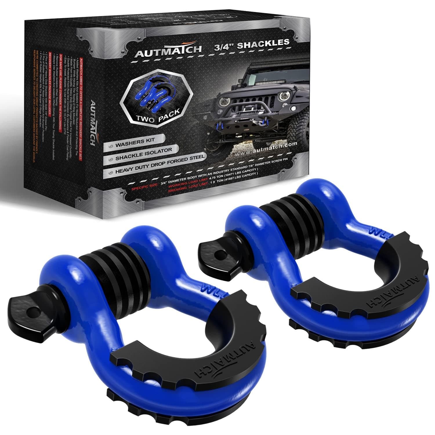 AUTMATCH D Ring Shackle 3/4" Shackles (2 Pack) 41,887Ibs Break Strength with 7/8" Screw Pin and Shackle Isolator Washers Kit for Tow Strap Winch Off Road Vehicle Recovery Blue & Black