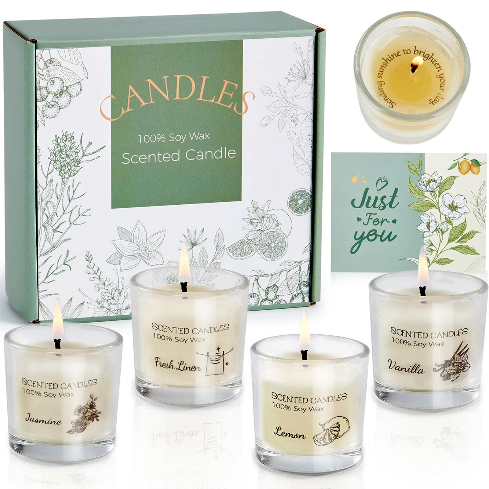 Scented Candles Gifts for Women, Votive Candles Set of Fresh Linen, Vanilla, Jasmine, and Lemon, Soy Wax Candle Gift Set for Birthdays, Weddings, Christmas