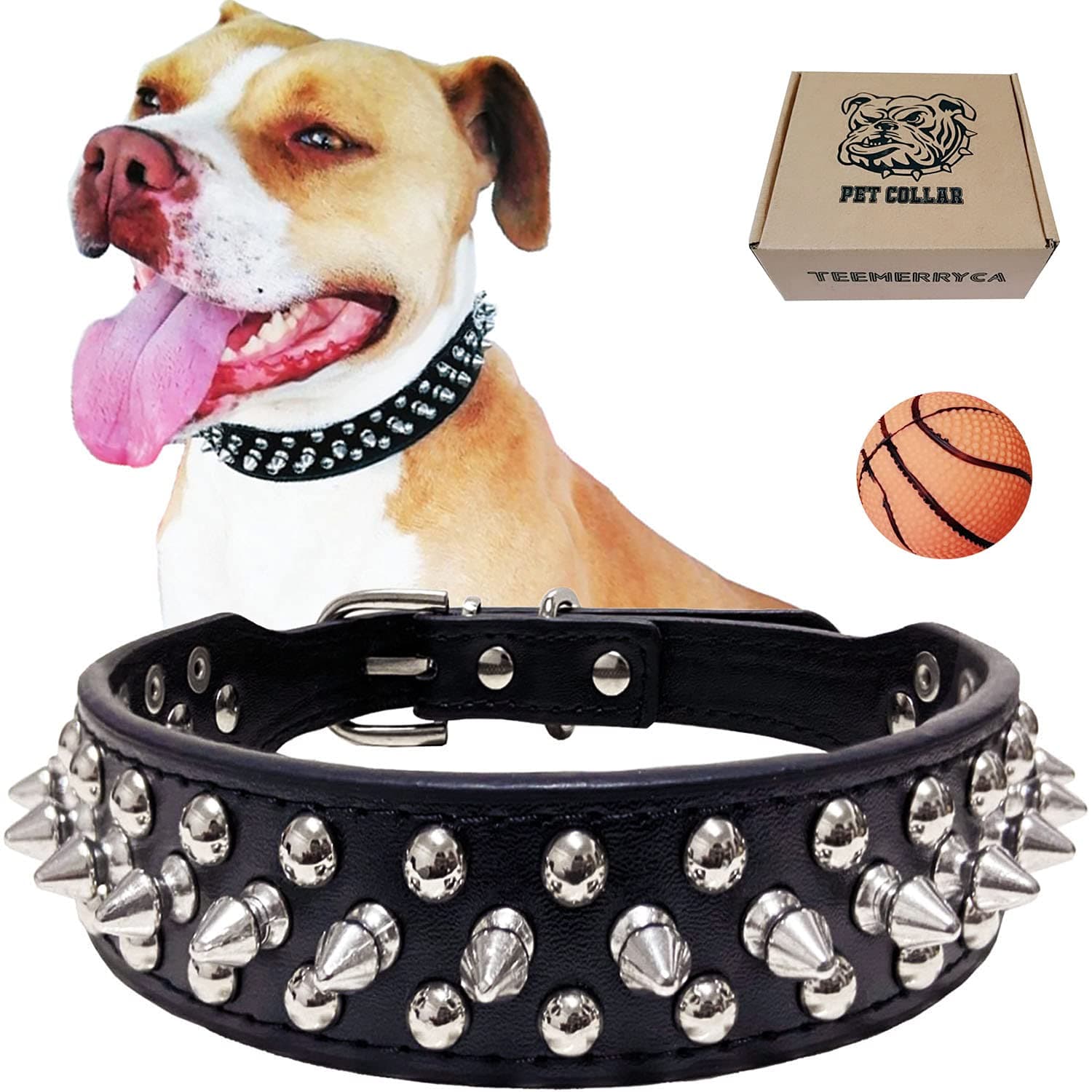 Adjustable Microfiber Leather Spiked Studded Dog Collars with a Squeak Ball Gift for Small Medium Large Pets Like Cats/Pit Bull/Bulldog/Pugs/Husky, Black, L(15"-18.5")