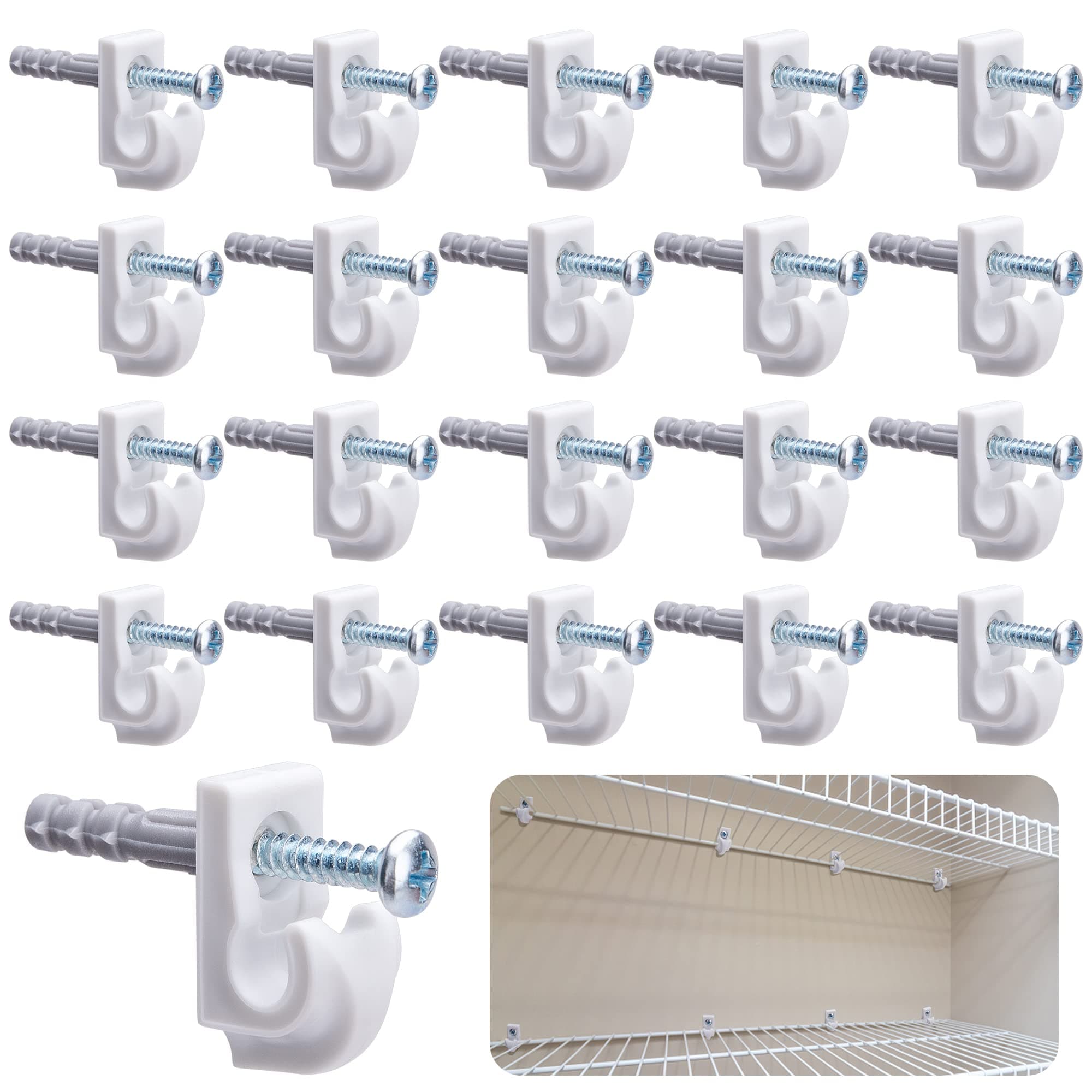 Sfcddtlg 25 Pcs White Down Wall Clips - Wire Shelf Brackets Loop Clips - Closet Maid Support Brackets - Plastic Shelves With Screws and Expansion Tubes for Wire Shelving