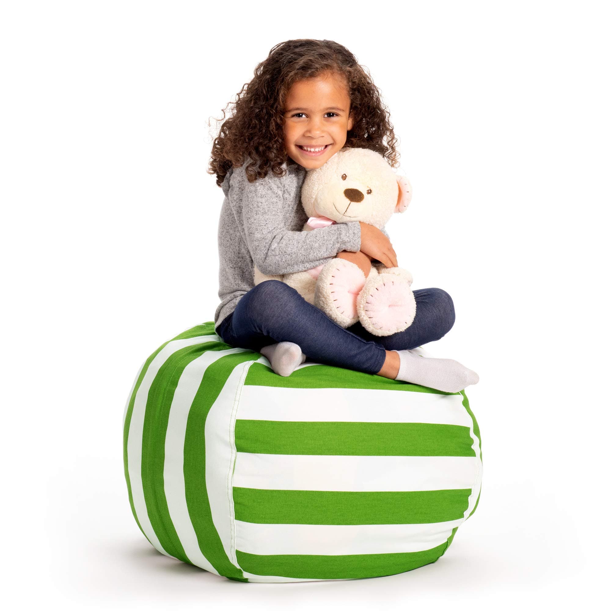 Creative QT Stuff 'n Sit - Stuffed Animal Storage Bean Bag Chair for Kids - Pouf Ottoman for Toy Storage - Available in a Variety of Sizes and Colors (27", Green/White Stripe)