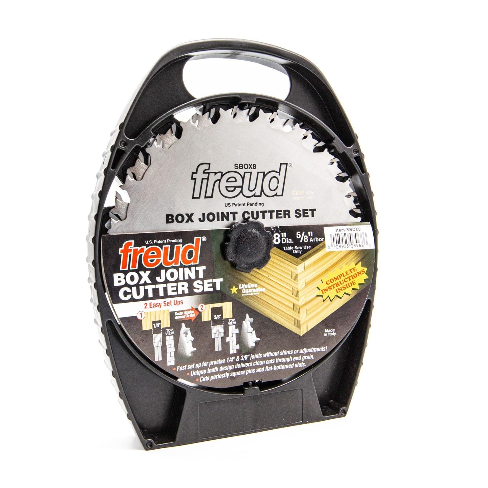 Freud 8" Box Joint Cutter Set with Tico Hi-Density Carbide for Perfect Square Joints - Includes 2 Blades, 1/4" & 3/8" Groove Widths, 5/8" Arbor, Anti-Kickback Design - SBOX8