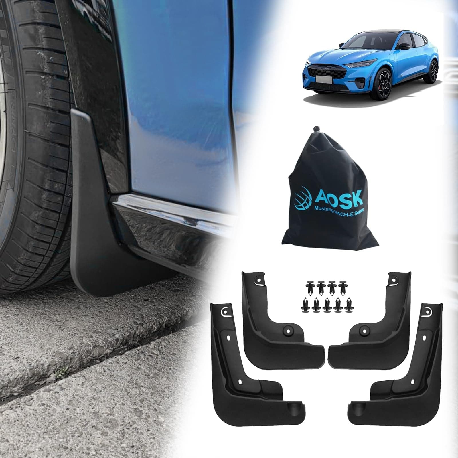 BestEvMod AOSK Compatible with Mustang Mach E Mud Flaps Splash Guards Exterior Accessories, 2021 2022 2023 2024 2025 Mach-E mud Flaps Splash Guards(Set of Four) No Need to Drill Holes