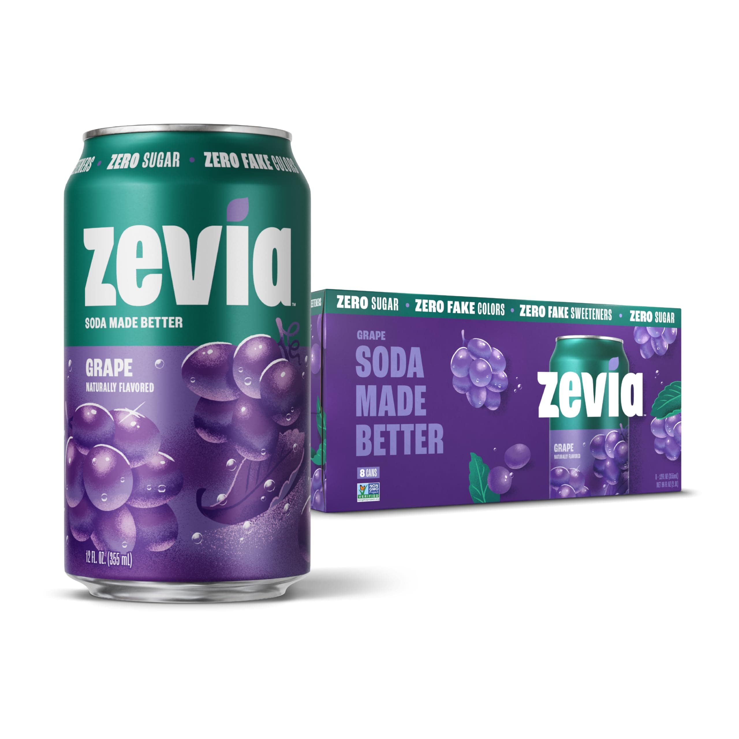 Zevia Zero Sugar Soda, Grape, 12 oz Cans (8-Pack) – Naturally Sweetened, Non-GMO Project Verified, Gluten-Free, Vegan