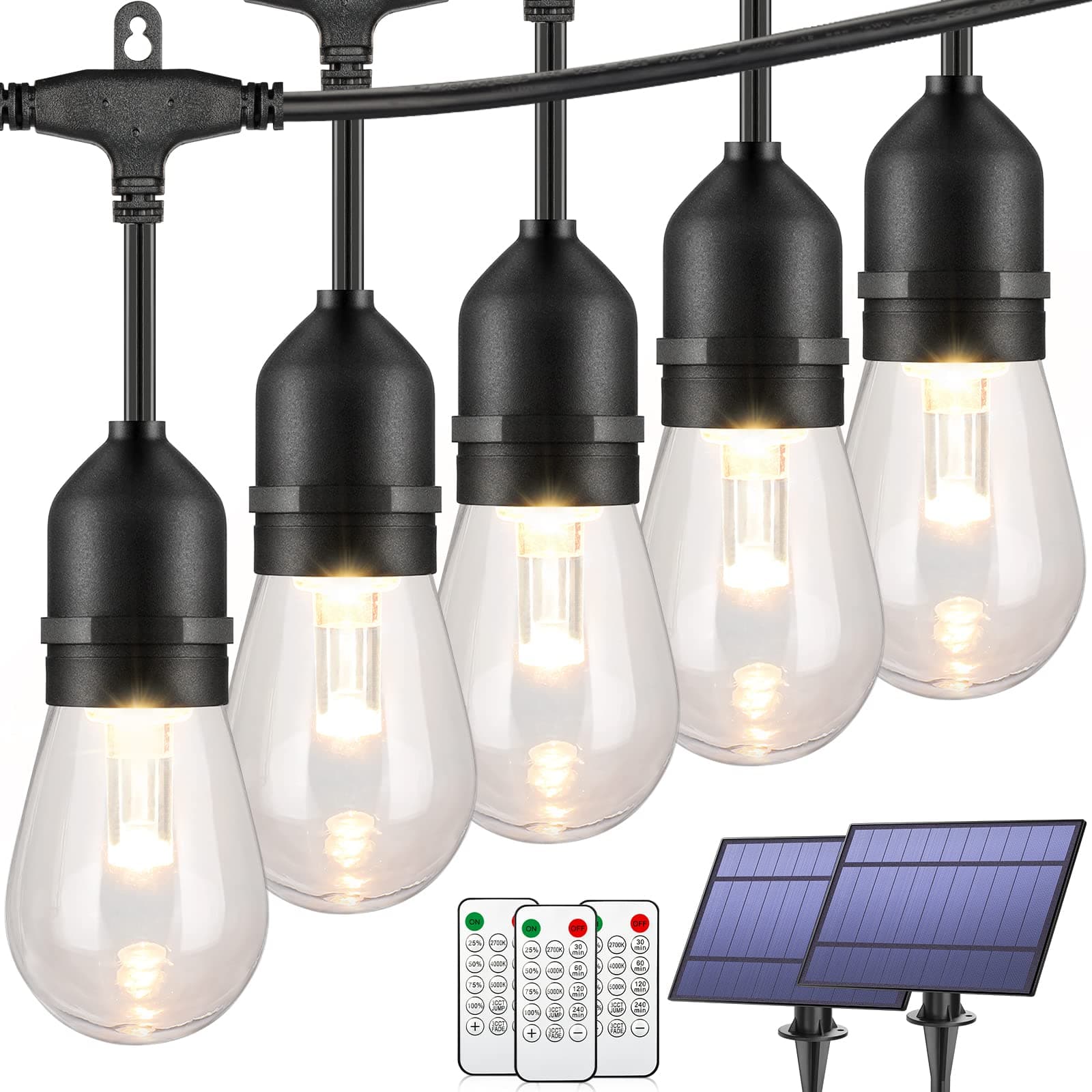 Mlambert 2 Pack Each 48FT 3-Color in 1 Solar String Lights Outdoor, Dimmable Patio Lights with Remote, 30+5 Waterproof LED Bulbs for Cafe Bistro Yard