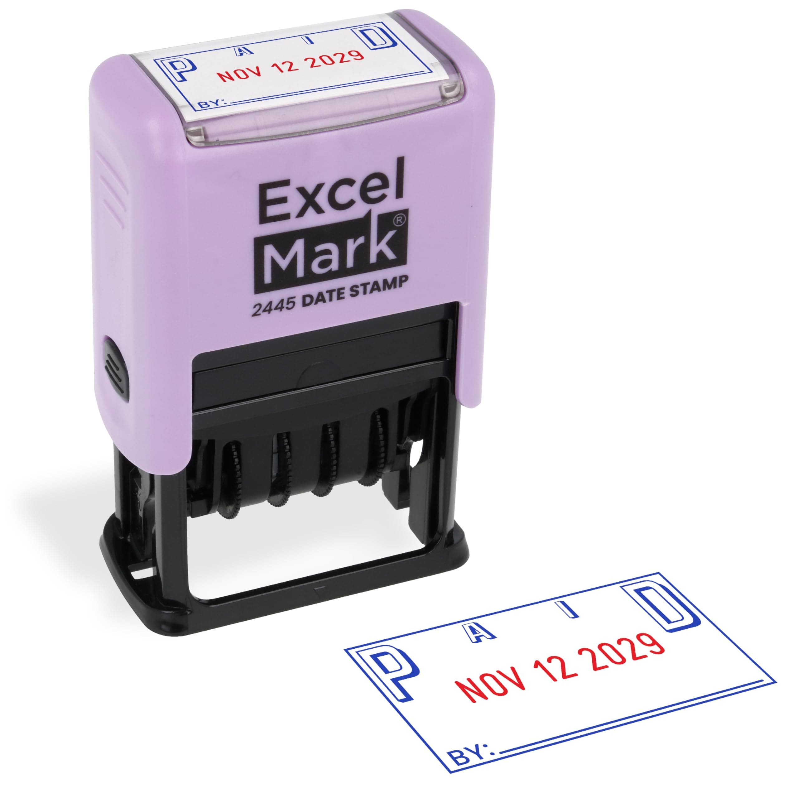ExcelMark 2445 Date Stamp with Text - Blue and Red Ink (Violet Mount, Paid)