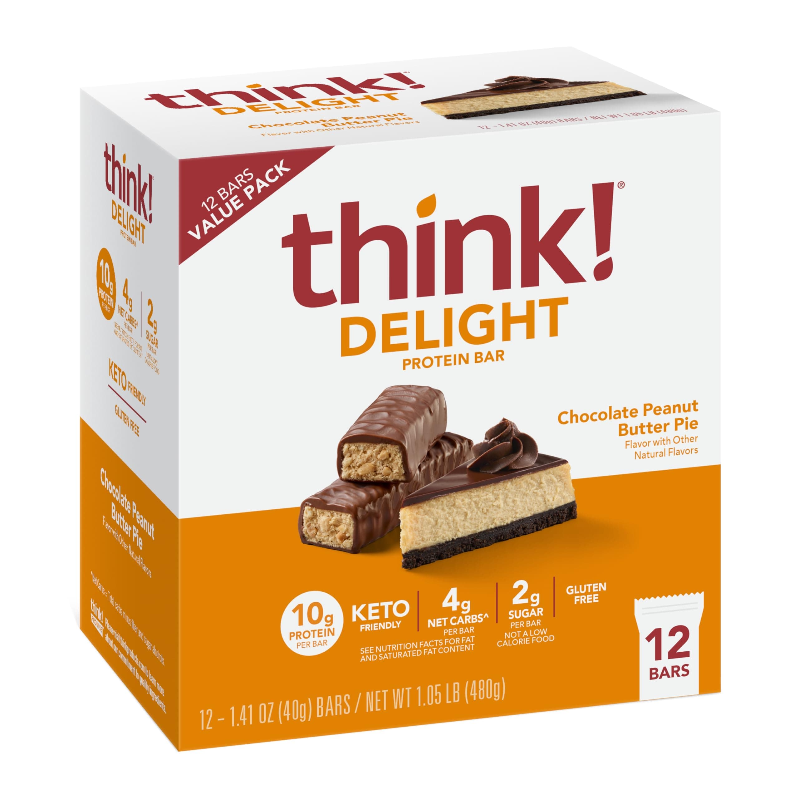 Delight Protein Bars, Chocolate Peanut Butter Pie, Low Sugar & Low Carb Gluten-Free Snack, Keto Friendly Snacks, 12 Count (Packaging May Vary)