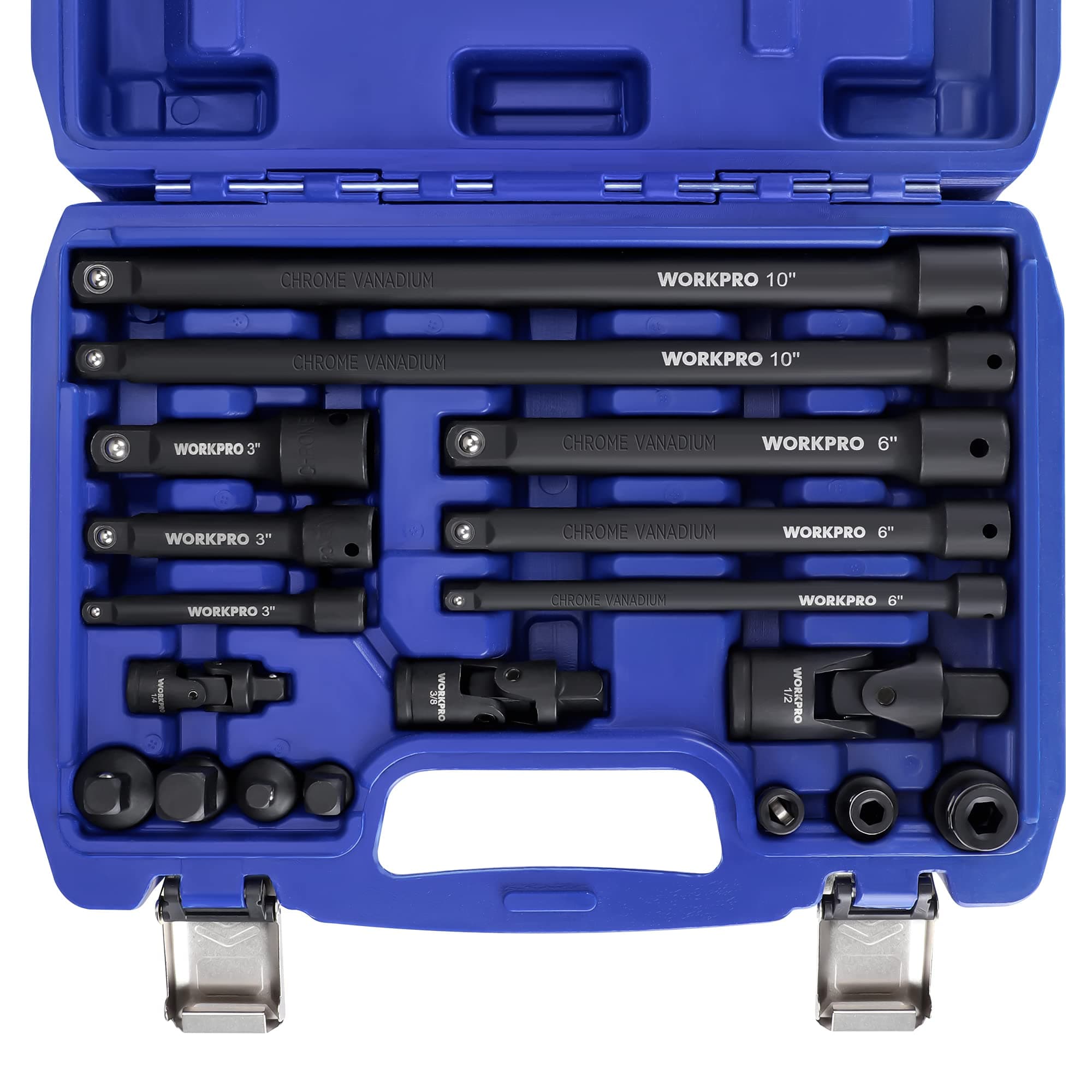 WORKPRO 18-Piece Impact Socket Extension Set, Includes Socket Adapters, Ratchet Extension Set, Socket Extension Bar, Swivel Universal Joints and Impact Coupler, 1/4", 3/8" & 1/2" Drive