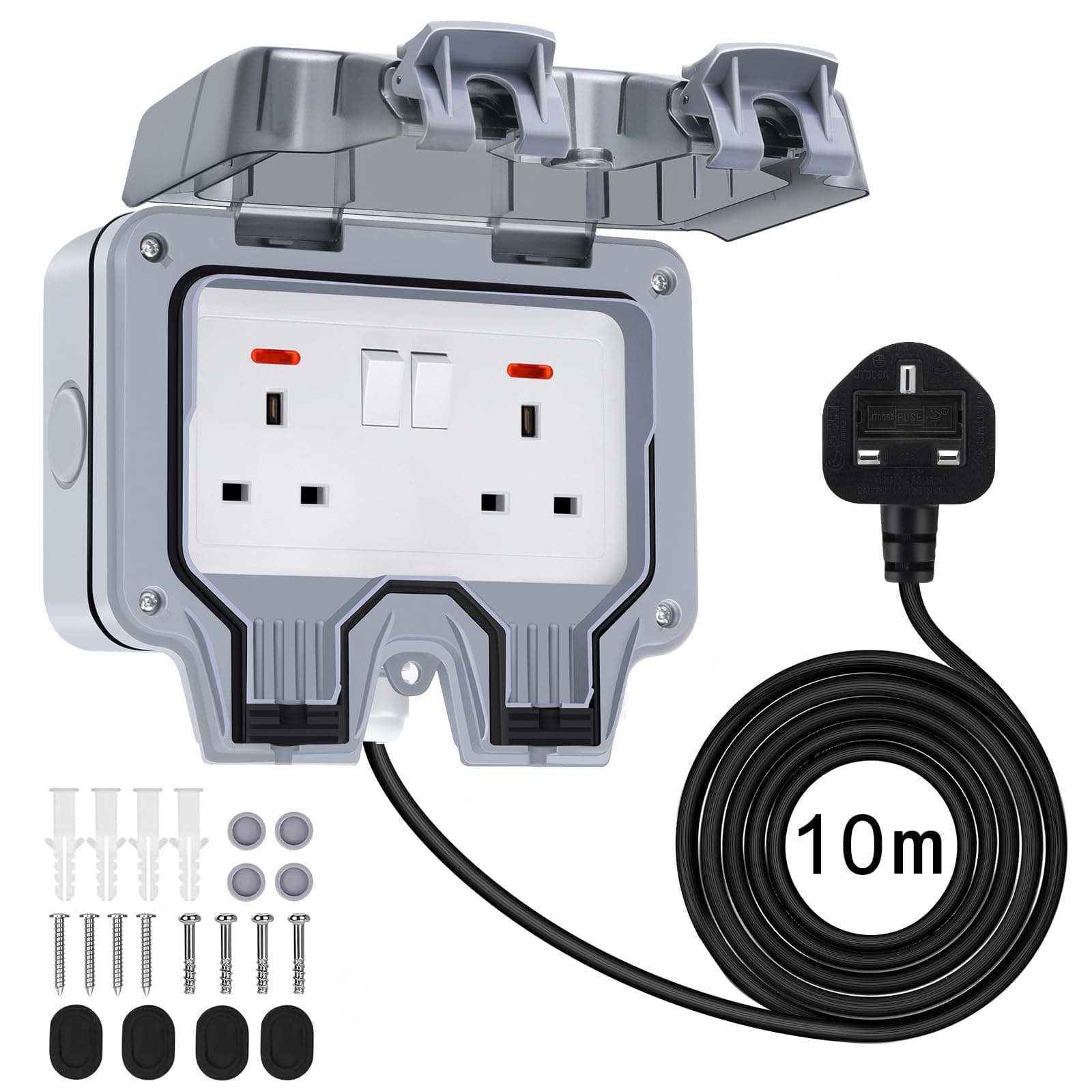 Powerole 10M Outdoor Socket Waterproof Extension Lead, Double Socket with 10M Outdoor Extension Lead Waterproof, IP66 13Amp 2 Gang Switched Cover, Weatherproof Wall Plug Box