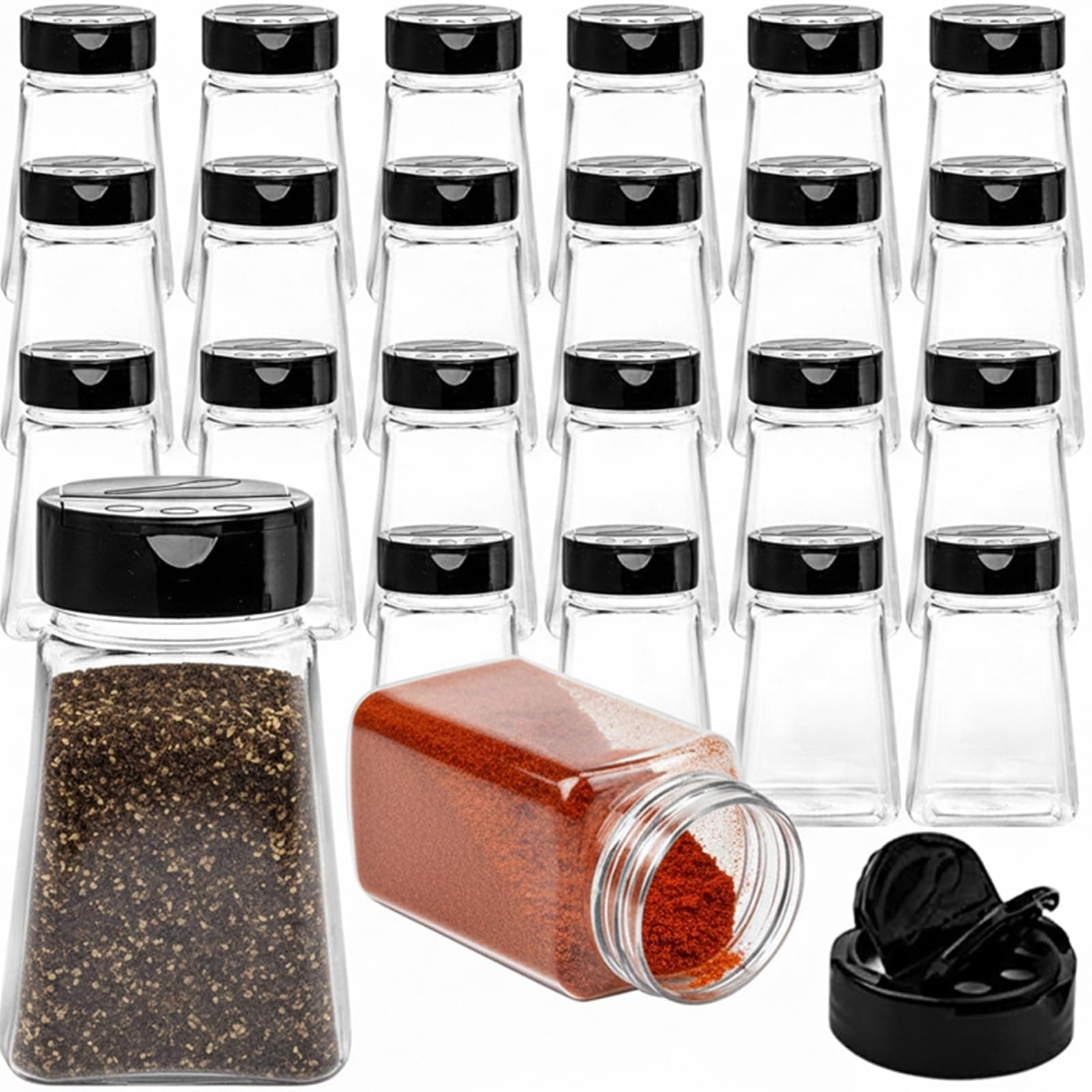 24 Pack Clear Plastic Spice Jars with Black Flap Cap, 9OZ Seasoning Jars Storage Container Bottle To Pour Or Sifter Shaker for Storing Spice, Herbs and Powders