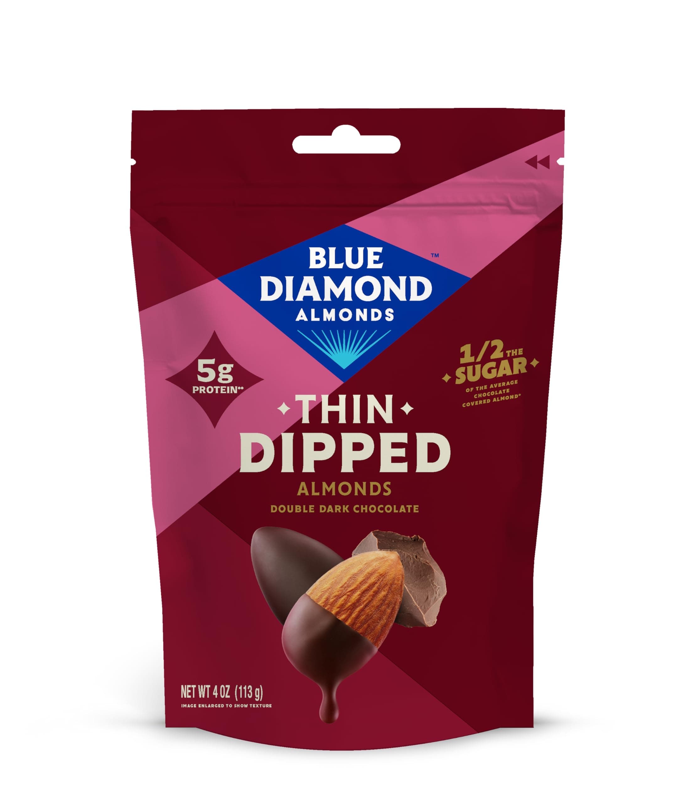 Blue Diamond Almonds, Dark Chocolate Covered Thin Dipped Snack Nuts for Guilt-Free Snacking with Half the Sugar, Perfect for Gathering, Holidays, or Craving a Sweet Treat, 4oz. Resealable Bag