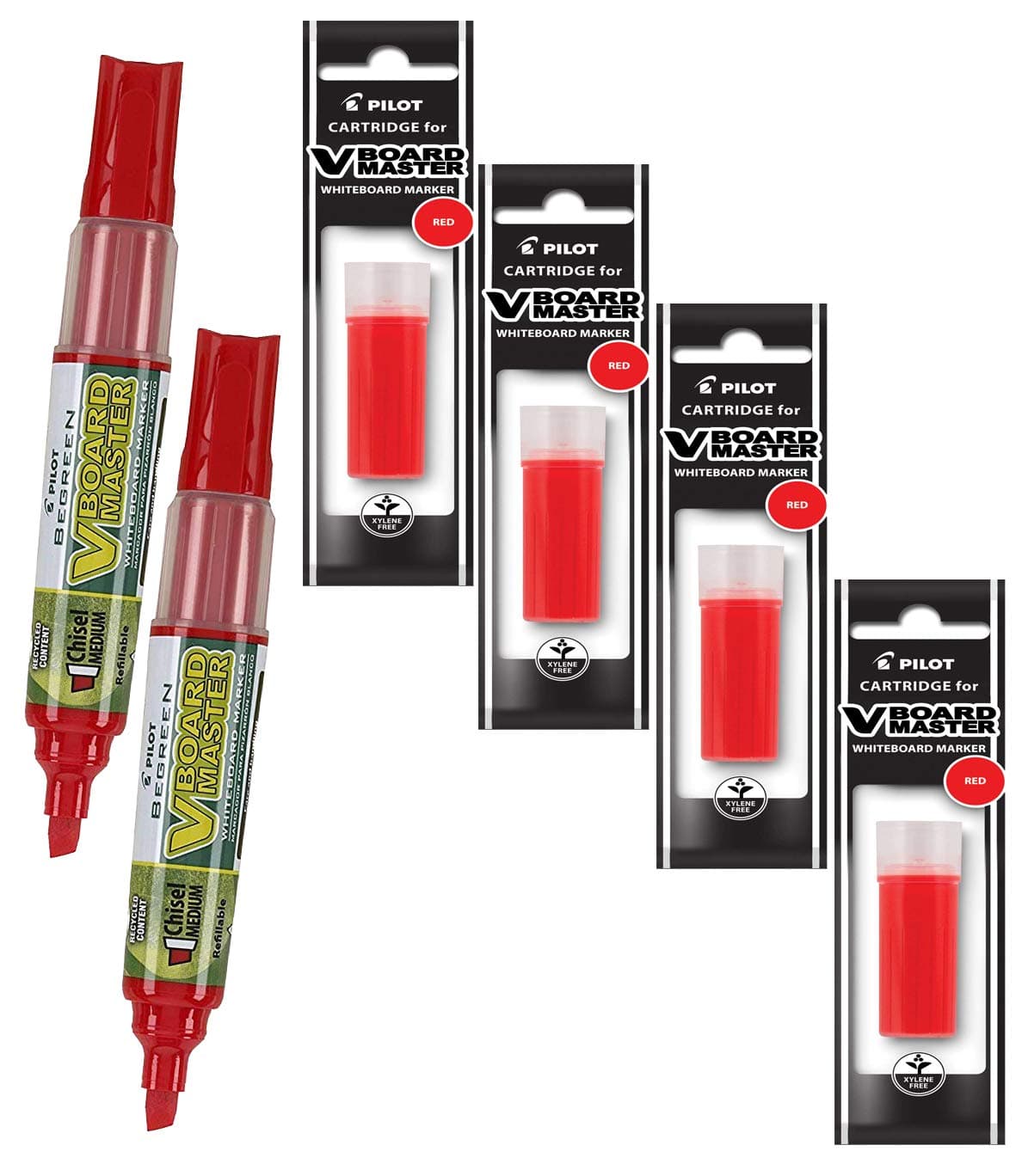 Refillable Dry Erase Markers, Pilot V Board Master, 2 Red Ink Chisel Tip Low Odor Markers with 4 Refills, P1a439166p