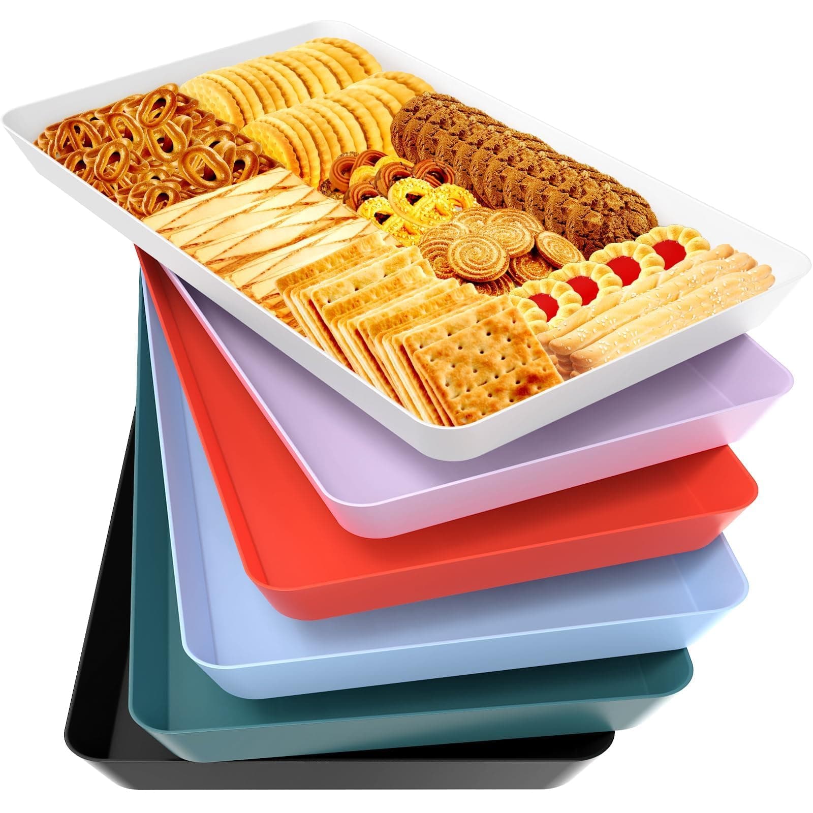 WOWBOX 6 pcs Serving Tray for Entertaining, Serving Platters for Snacks, Fruit, Cookies, Dessert, Reusable Plastic Trays for Serving Food, (White, Black, Green, Red, Purple, Blue)