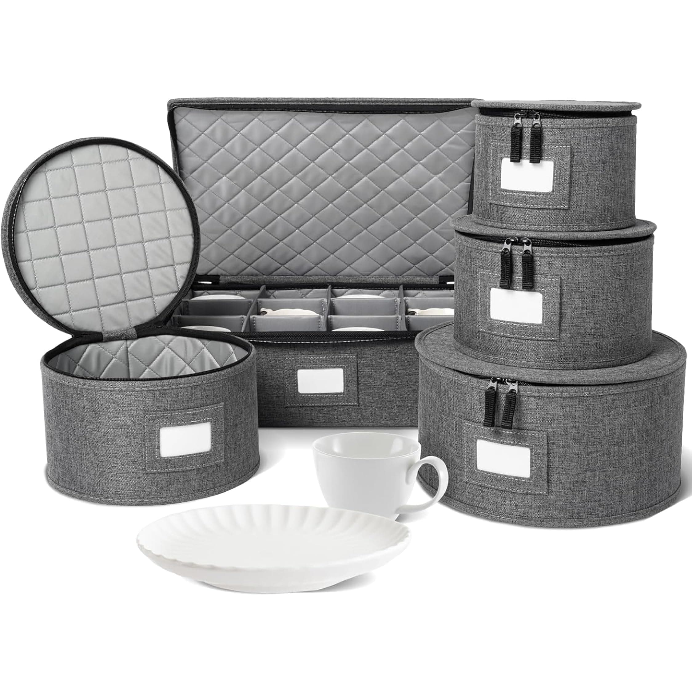 storageLAB China Storage Set, Hard Shell and Stackable, for Dinnerware Storage and Transport, Protects Dishes Cups and Mugs, Felt Plate Dividers Included (Grey, 5 Piece Set)