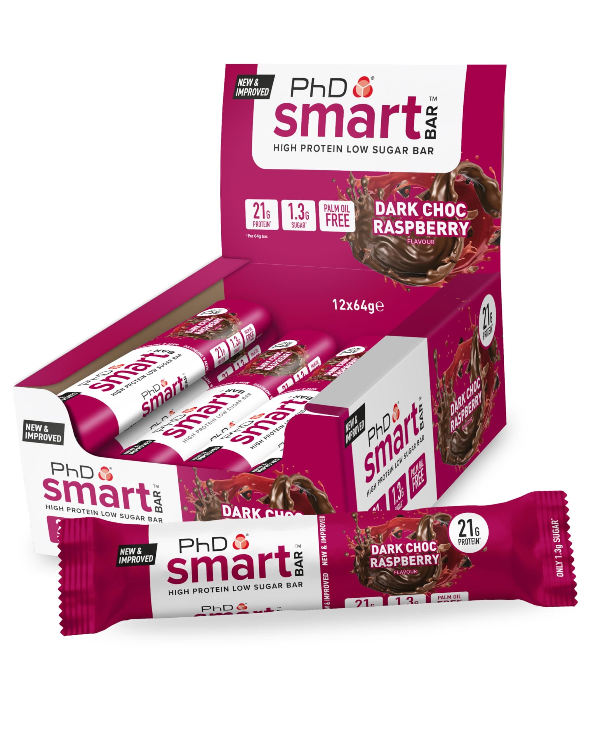 Smart Hight Protein Bar Low Sugar, Nutritional Protein Bars/Protein Snacks, Chocolate Raspberry Flavour, 20g of Protein, 64g Bar (12 Pack)