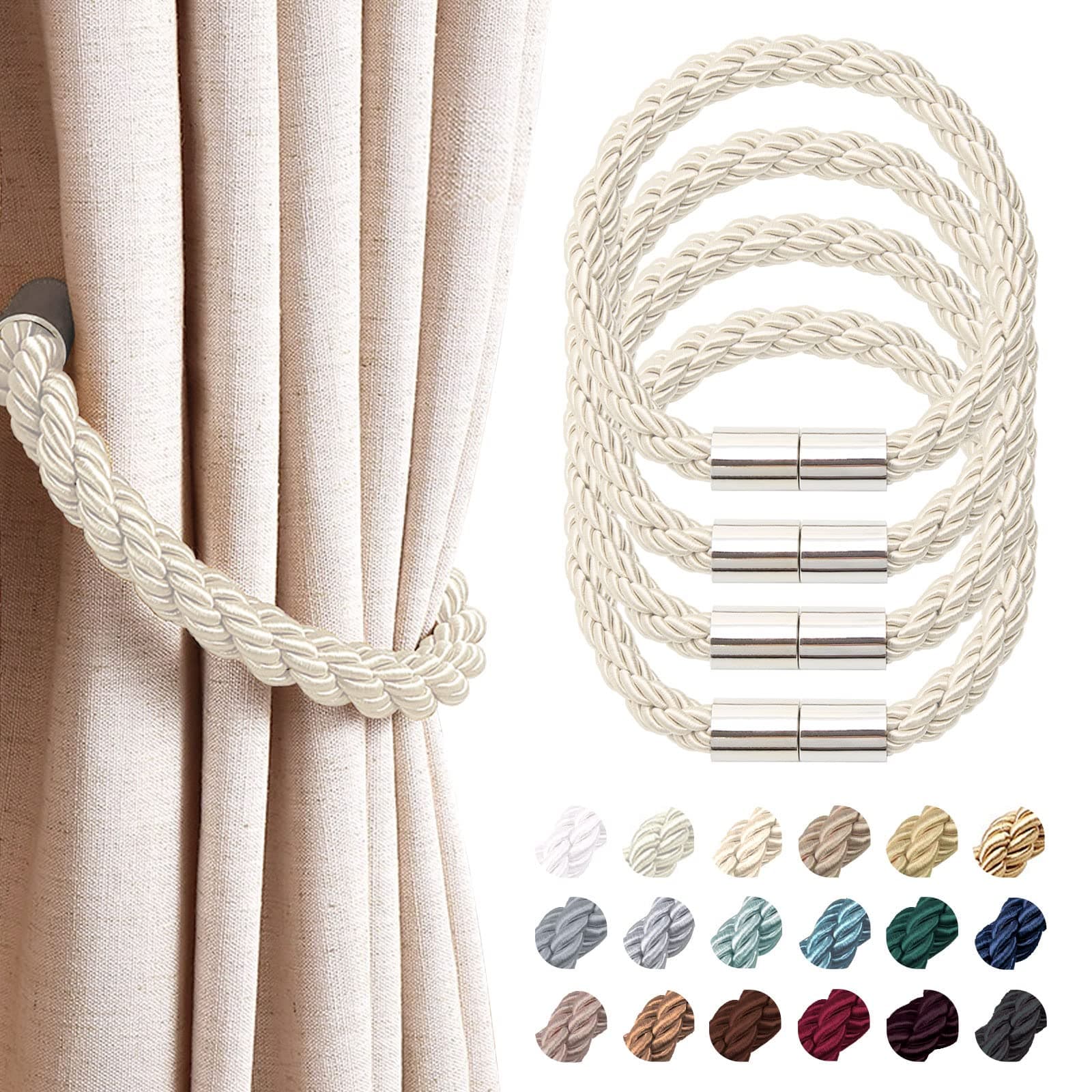NICEEC 4 Pack Strong Magnetic Curtain Tiebacks Modern Simple Style Drape Tie Backs Convenient Decorative Weave Rope Curtain Holdbacks for Thin or Thick Home & Office Window Draperies (Beige)