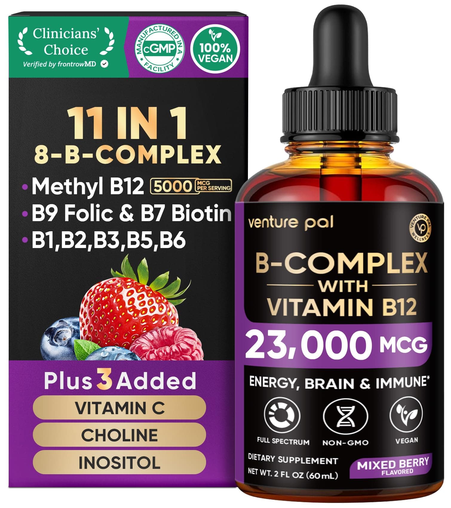 Venture Pal Vitamin B Complex Liquid Drops, B12 Methylcobalamin | B9 Folic | B1,B2,B3,B5,B6,B16 - Vitamin C, Choline, Inositol, Immune & Energy Metabolism, Brain & Heart Support