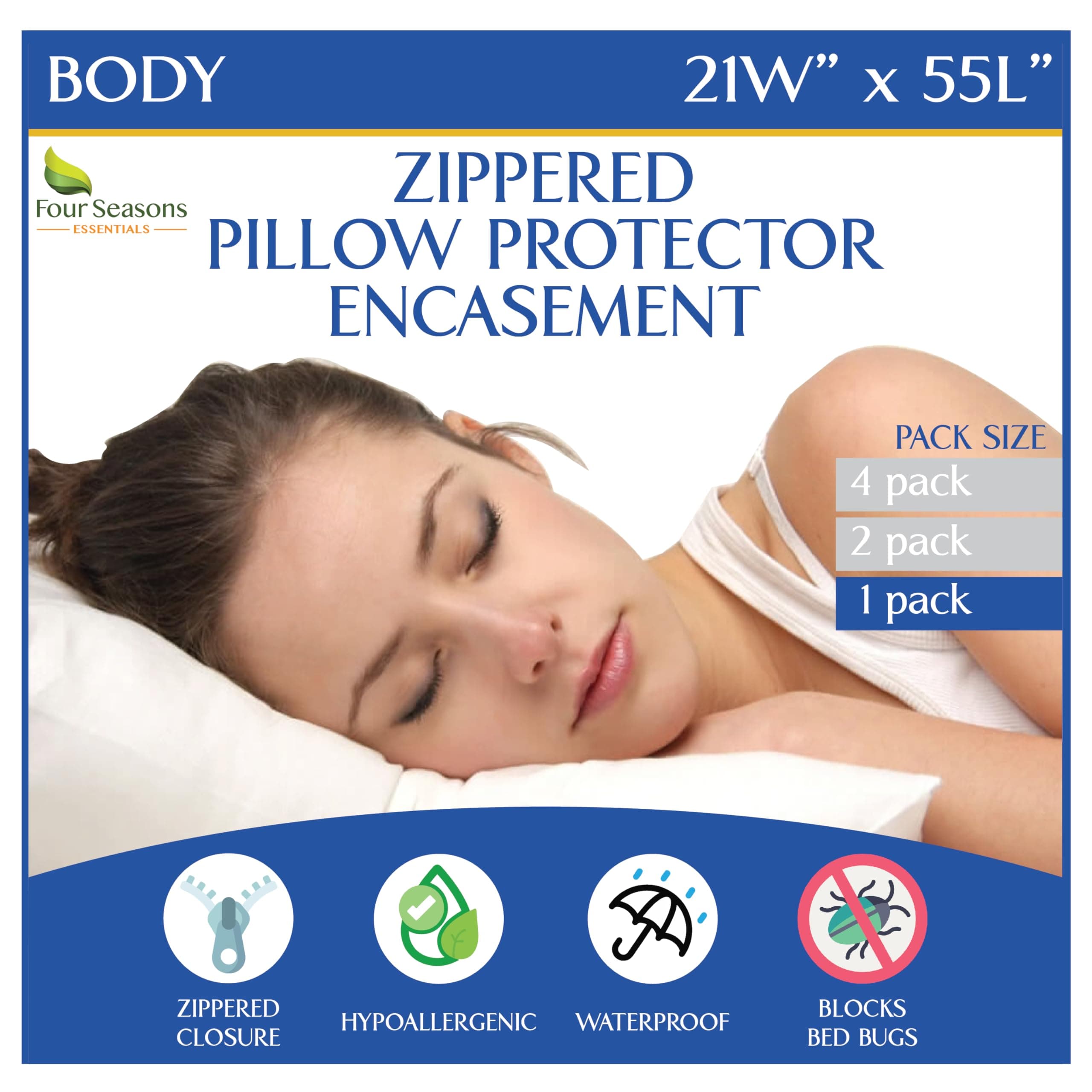 Four Seasons Essentials Body Size Pillow Protector 21" W x 55" L – Waterproof Zippered Pillow Cover Hypoallergenic Dust Proof Pillowcase Encasement
