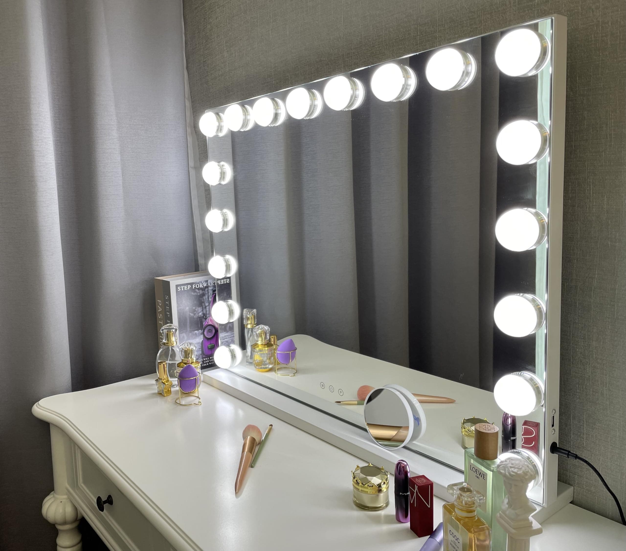 Kottova Vanity Mirror with Lights, Lighted Makeup Mirror with 18 Dimmable LED Bulbs, Hollywood Mirror, 3 Color Lightings, USB Charging Port Touch Control, Metal Frame(27.5" x 21.6")
