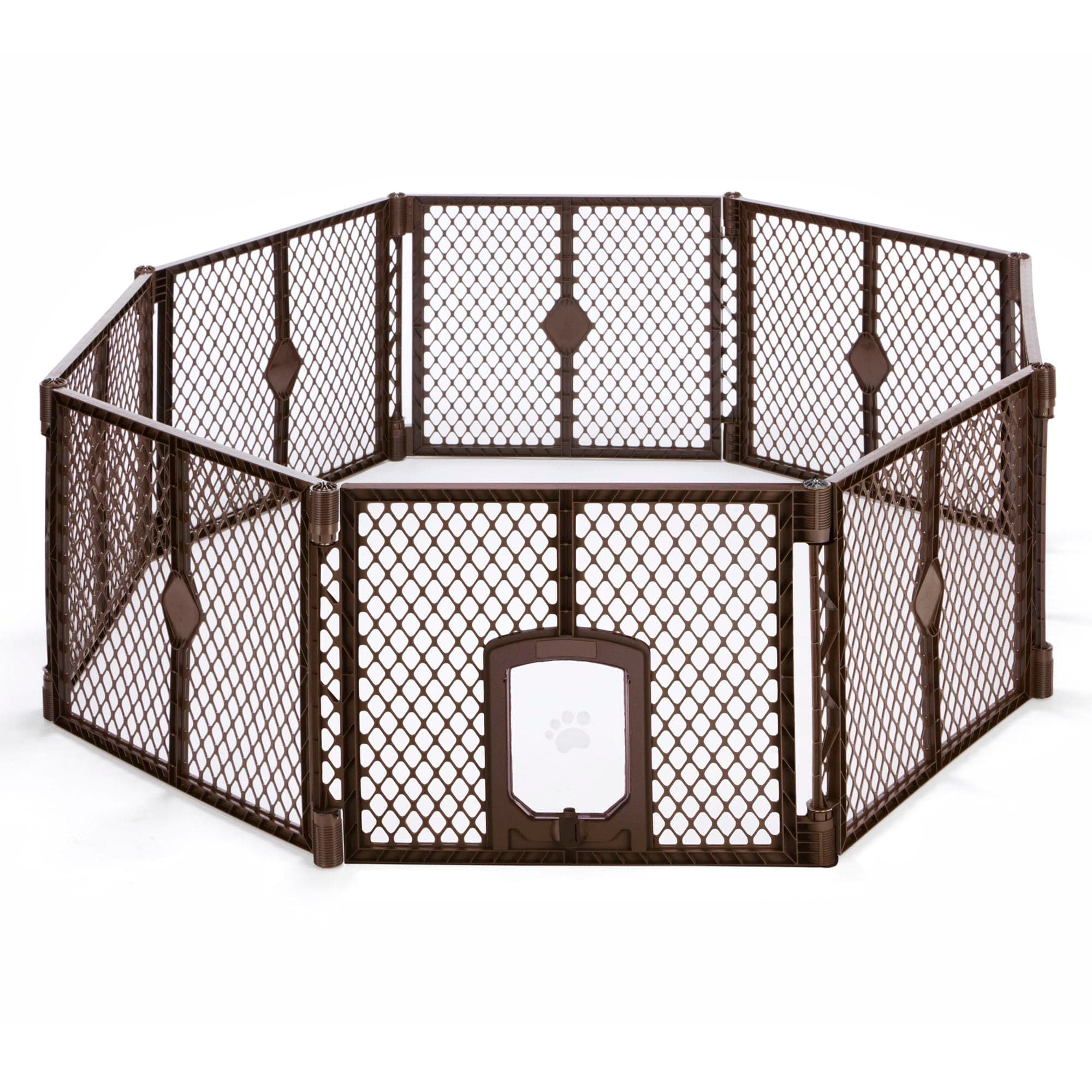 MyPet 8-Panel Petyard Passage: 6.5 ft. Wide 26 in. Tall Brown Freestanding Customizable Folding Pet Enclosure with Lockable Pet Door; Indoor/Outdoor Puppy Playpen Made in USA