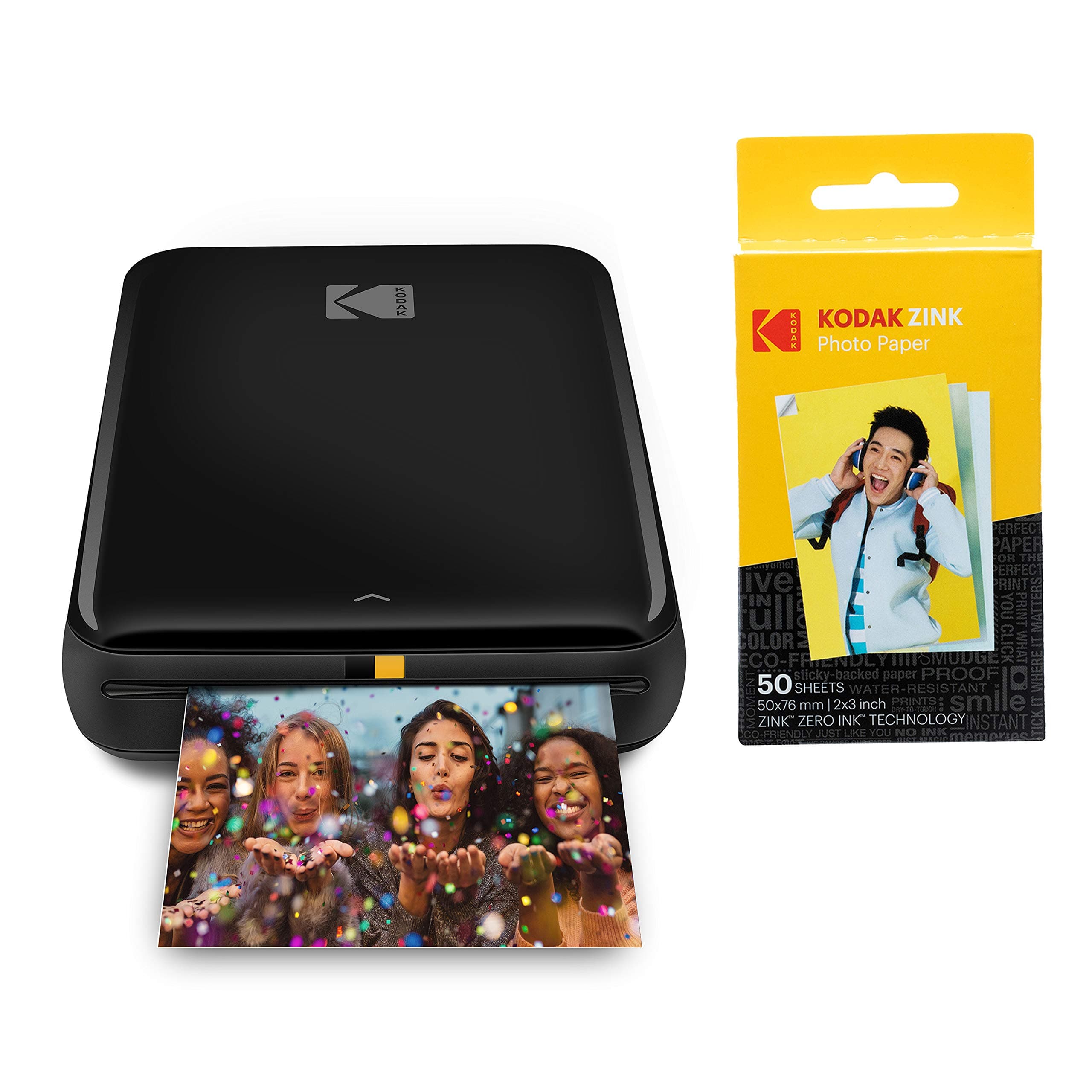 Step Instant Printer | Bluetooth/NFC Wireless Photo Printer with ZINK Technology & KODAK App for iOS & Android (Black) Prints 2x3 Inch Sticky-Back Photos + Kodak Zink Photo Paper - Pack of 50