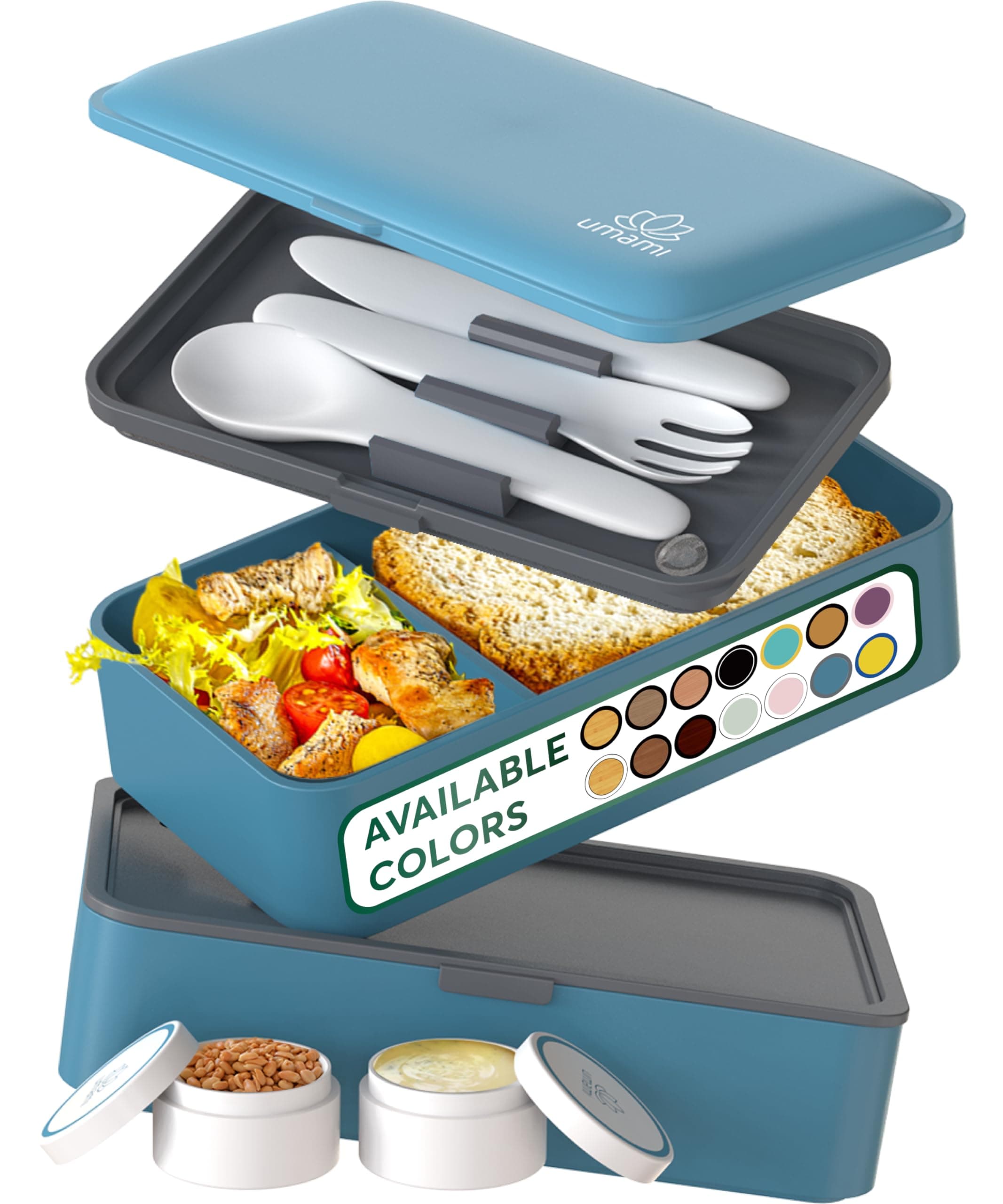 Umami Bento Box Adult All-in-1 w/ 4 Utensils, 100% Leakproof, Dishwasher & Microwave Safe Lunch Containers for Adults w/ 4 Compartments, Denim Blue, 1200 ml
