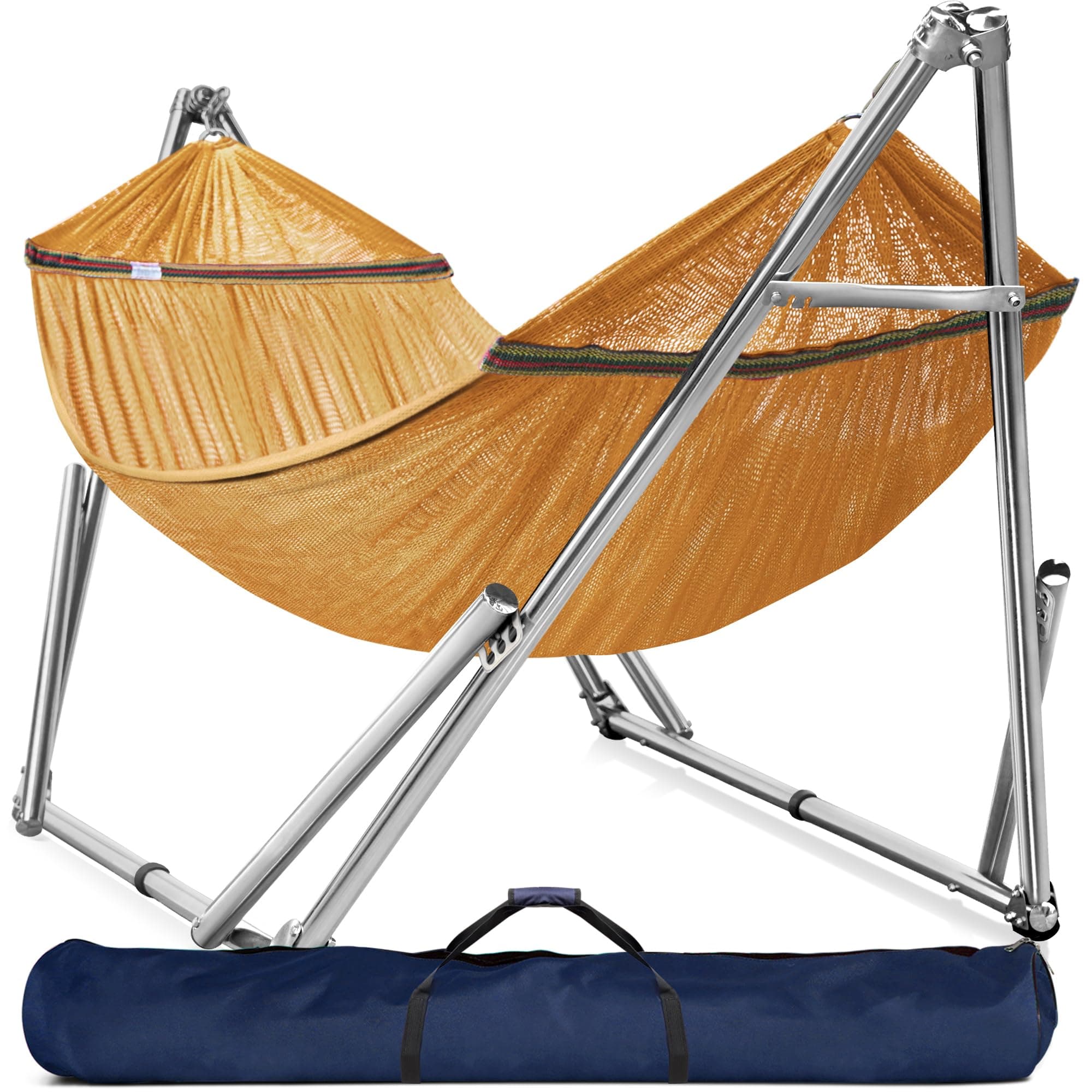 Tranquillo Double Hammock with Stand 650lb Capacity Double Hammock with Spreader Bar, Solid Grade 201 Stainless Steel 30s Set Up, Sturdy Flexible Hammock Stand Portable, Outdoor Indoor, Yellow