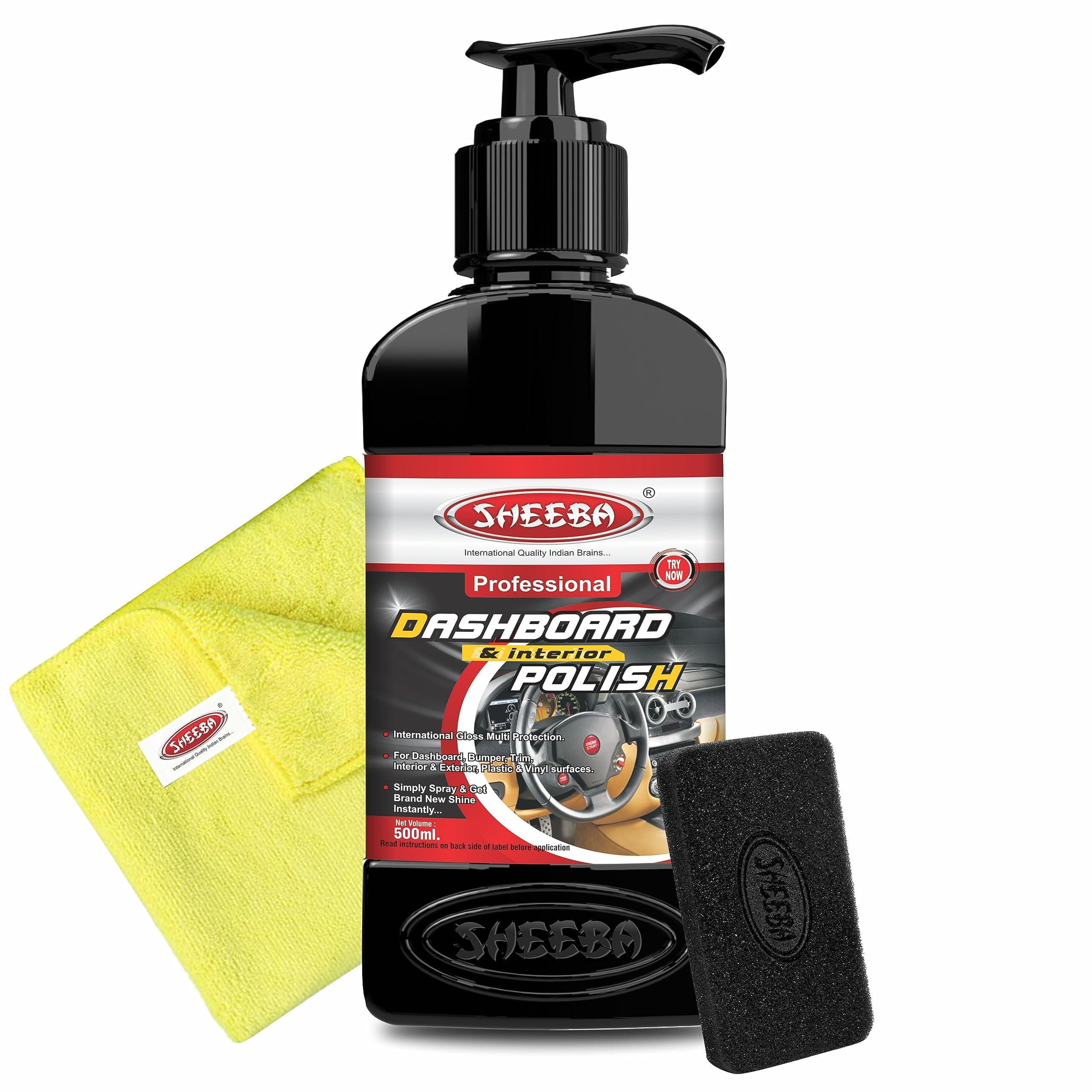 SHEEBA Dashboard & Interior Polish Protectant (500mL Pack) with Microfiber Towel & Applicator Foam Pads, Restores Original Look, Long Lasting, Non-Greasy, Prevents Premature Ageing & Dullness.