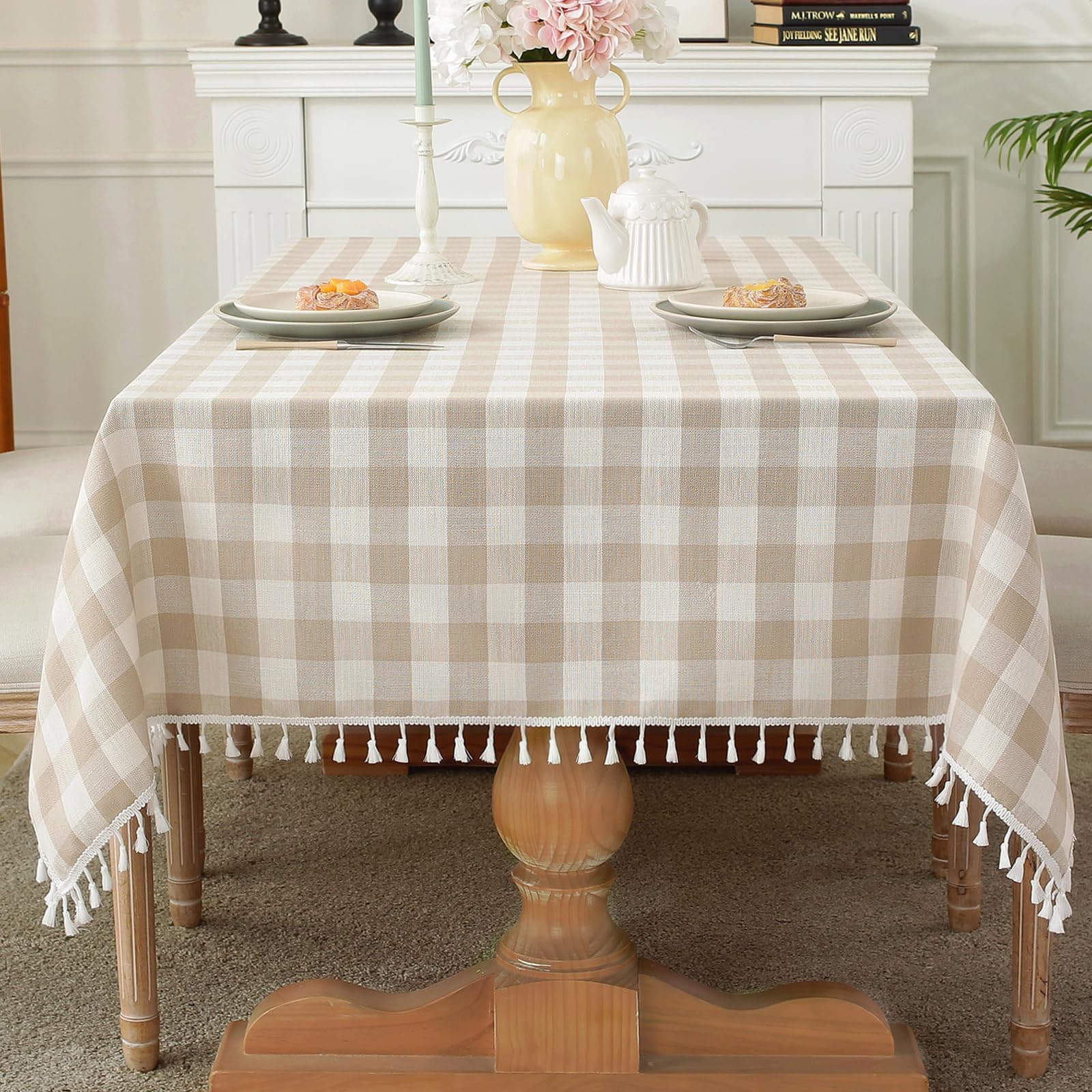 Laolitou Checkered Tablecloth Rectangle Washable Heavy Duty Buffalo Plaid Table Cloth with Tassel Cotton Linen Gingham Table Cover for Holiday Picnic Kitchen Dining Room, Beige, 55 Inch