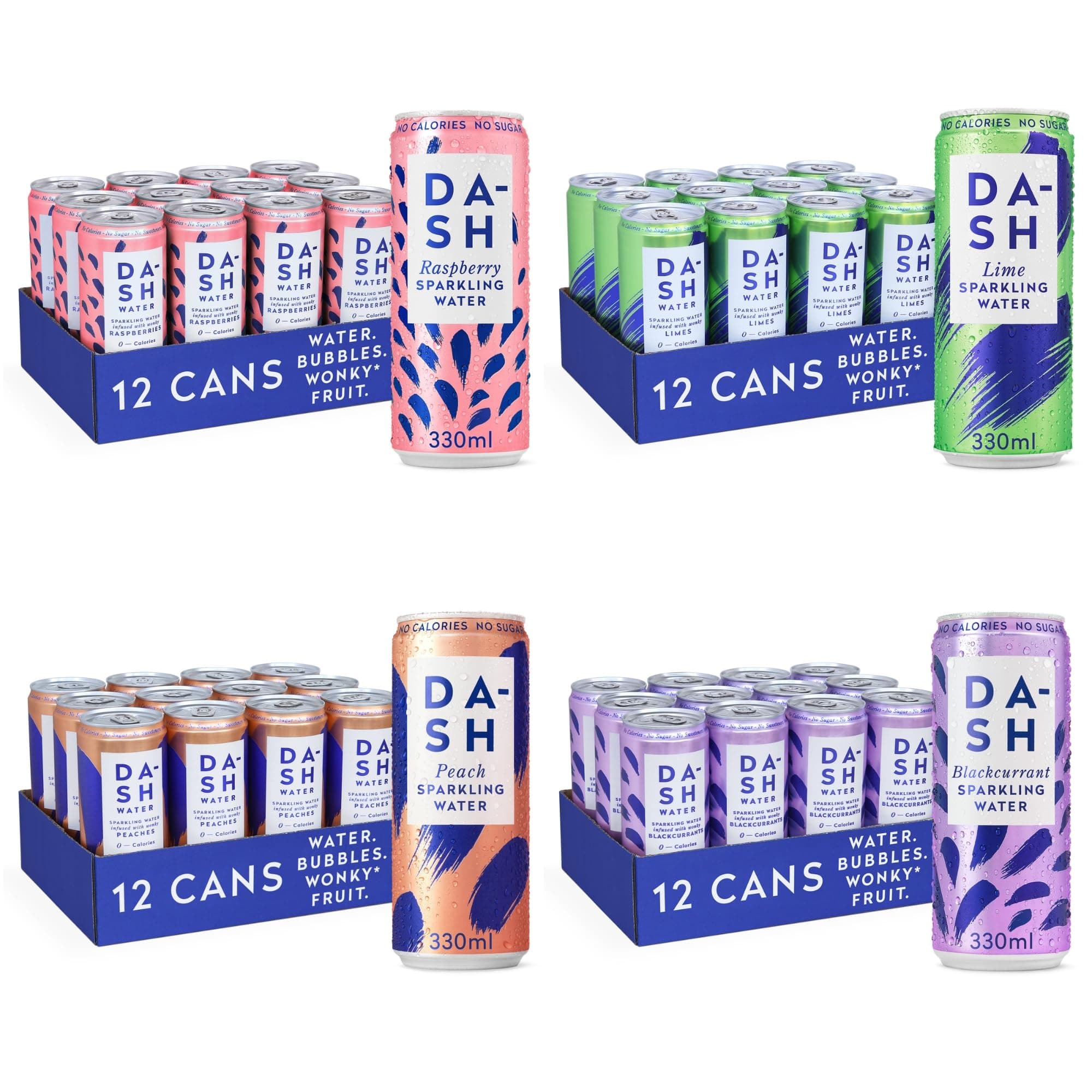 – Pack of 48: Lime, Raspberry, Peach, Blackcurrant - NO Sugar, NO Sweetener, NO Calories - Infused with Wonky Fruit (330ml Can Each)