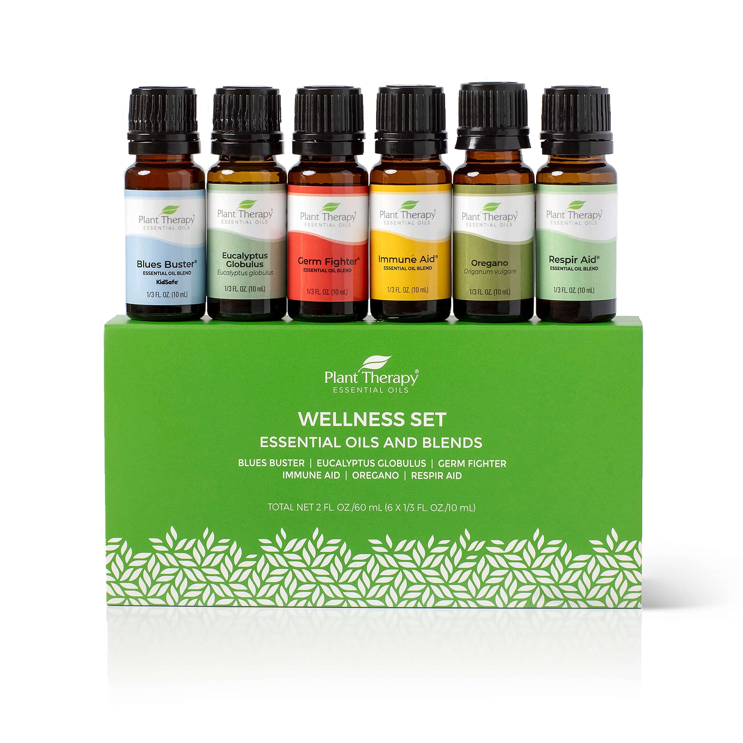 Plant Therapy Wellness Essential Oil Gift Set. Includes: Germ Fighter, Immune-Aid, Respir-Aid, Blues Buster, Eucalyptus and Oregano. 10 mL (1/3 Ounce) each.