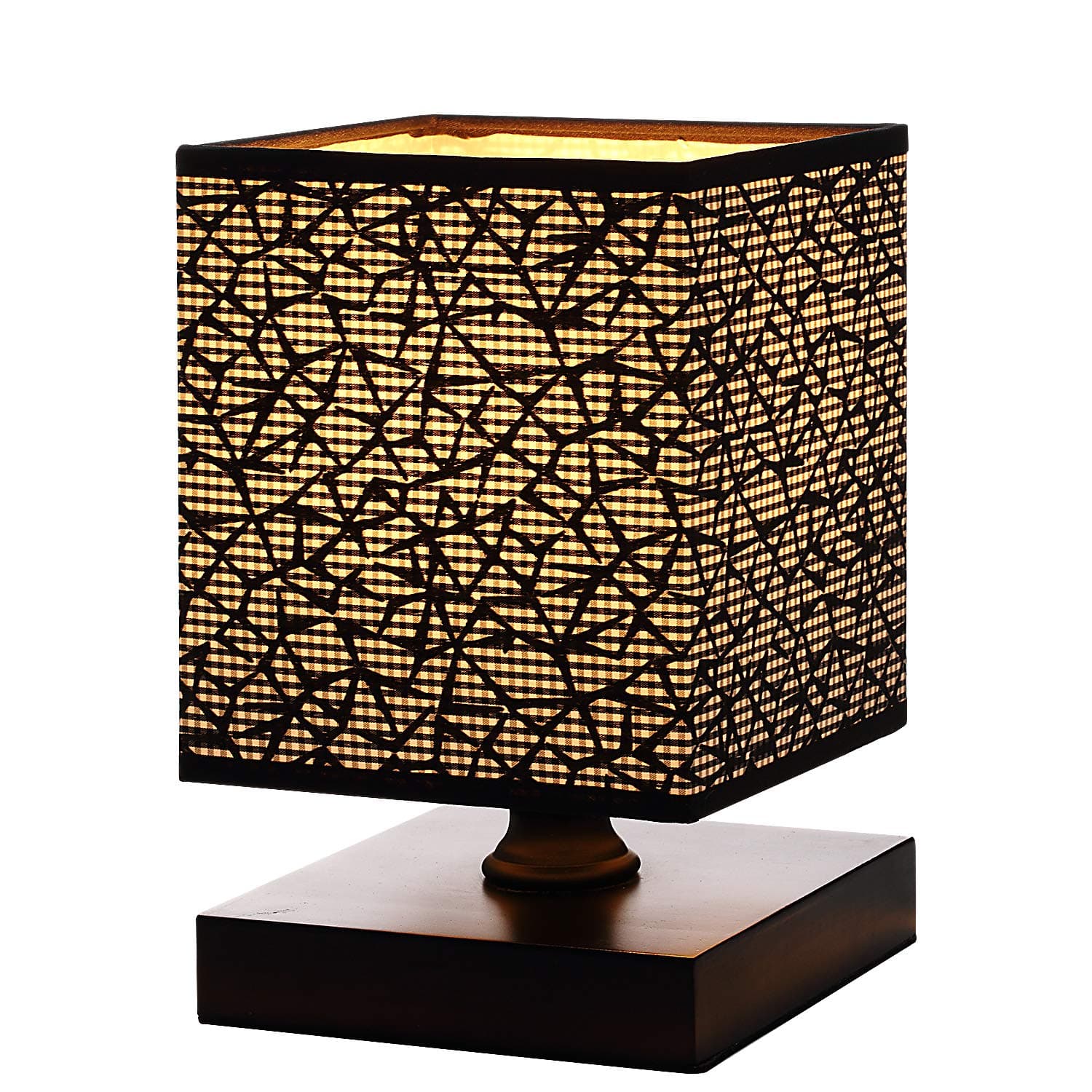 Briever Simple Modern Table Lamp Bedside Desk Lamp with Square Fabric Shade Long Cable with in Line Switch, Wooden Base - Black