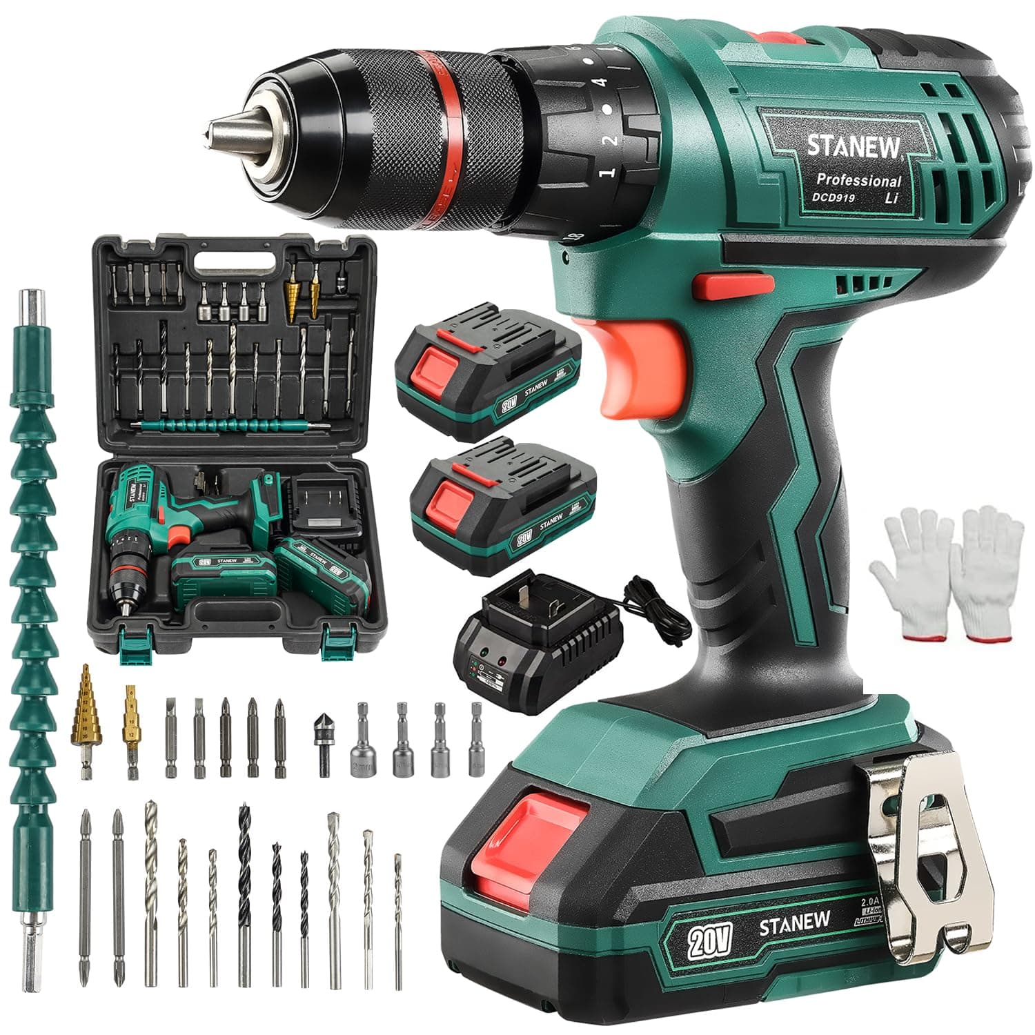 Cordless Drill Set, Hammer Drill Driver 2 X 20v 2.0ah Lithium-Ion Batteries And Charger, 18+3 Torque, 24 Accessories + Plastic Case Carrying Case For Wood Drilling And Screwdriver/Fastening