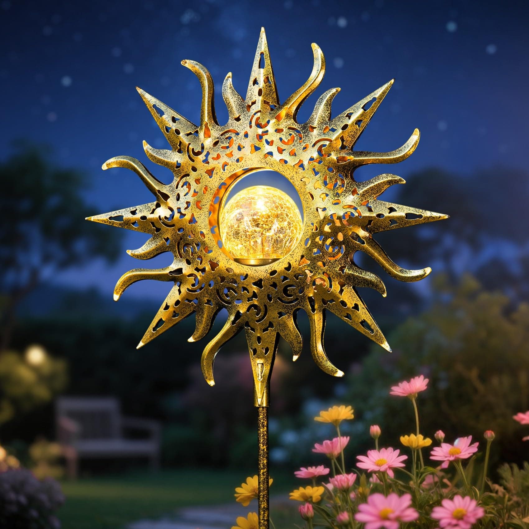 TAKE ME Sun Solar Lights Outdoor Waterproof Metal Garden Stakes for Patio Yard Walkway LawnPatio Mothers Gifts Mom Wife Grandma (Sun)