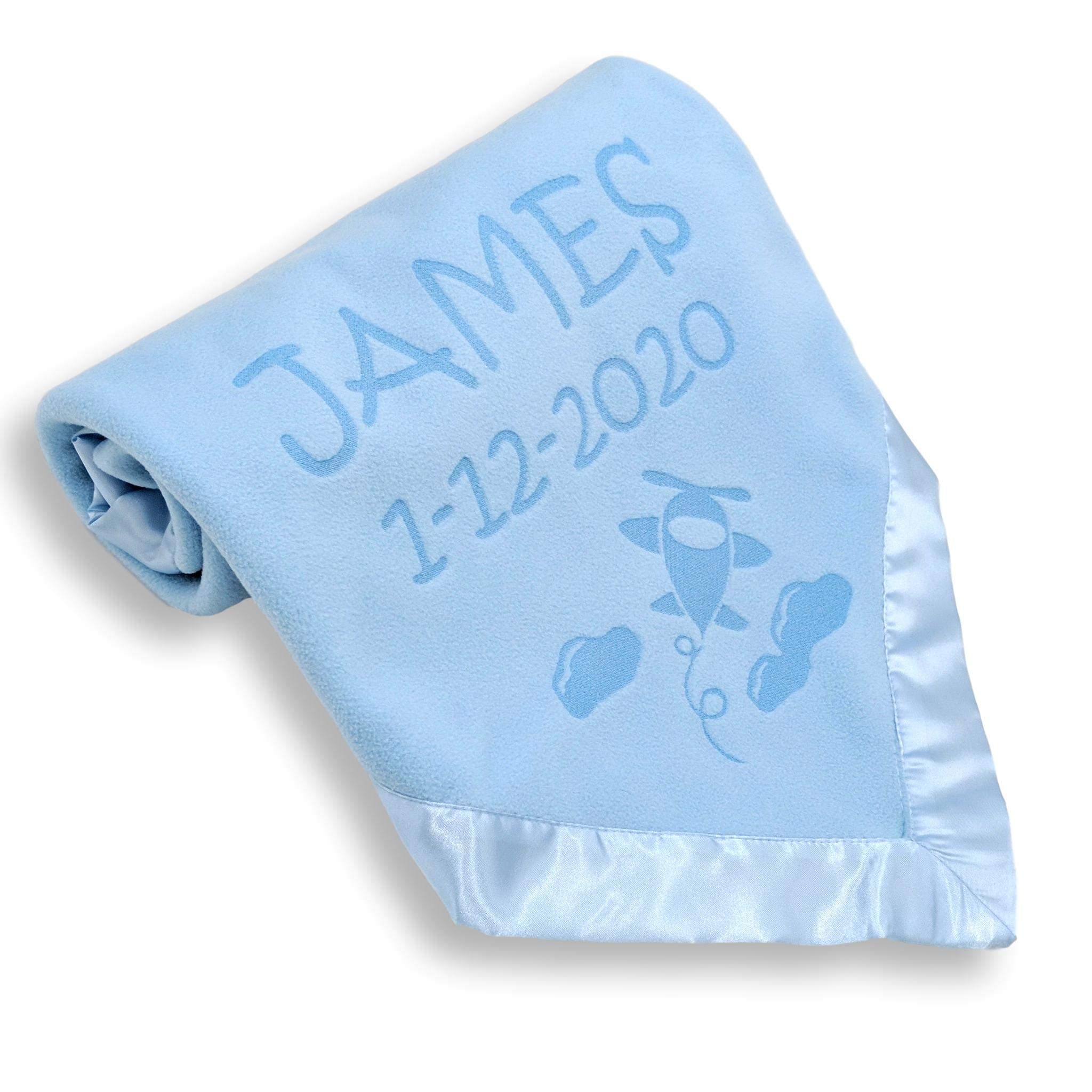 Custom CatchCustom Catch Ships Next Day from Vermont - Personalized Airplane Baby Blanket - Boy Name Gift - Blue or Pink (2 Text Lines)