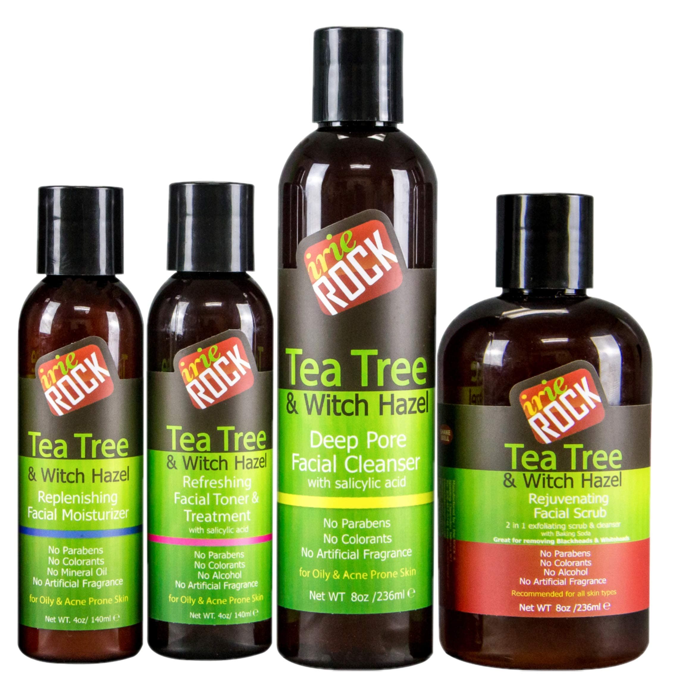 Tea Tree & Witch Hazel 4 Step Acne Treatment System with Salicylic Acid and Niacinamide - Great for Acne Prone and Oily Skin- For Men and Women (Cleanser, Toner, Moisturizer, Scrub)